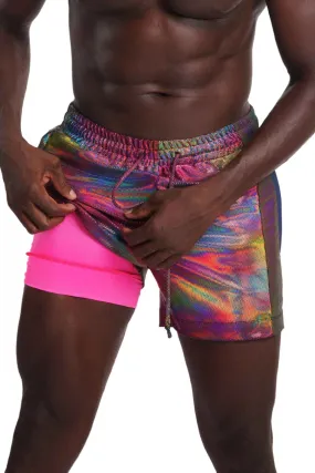 Mens Drawstring Shorts with Liner - Techno Color