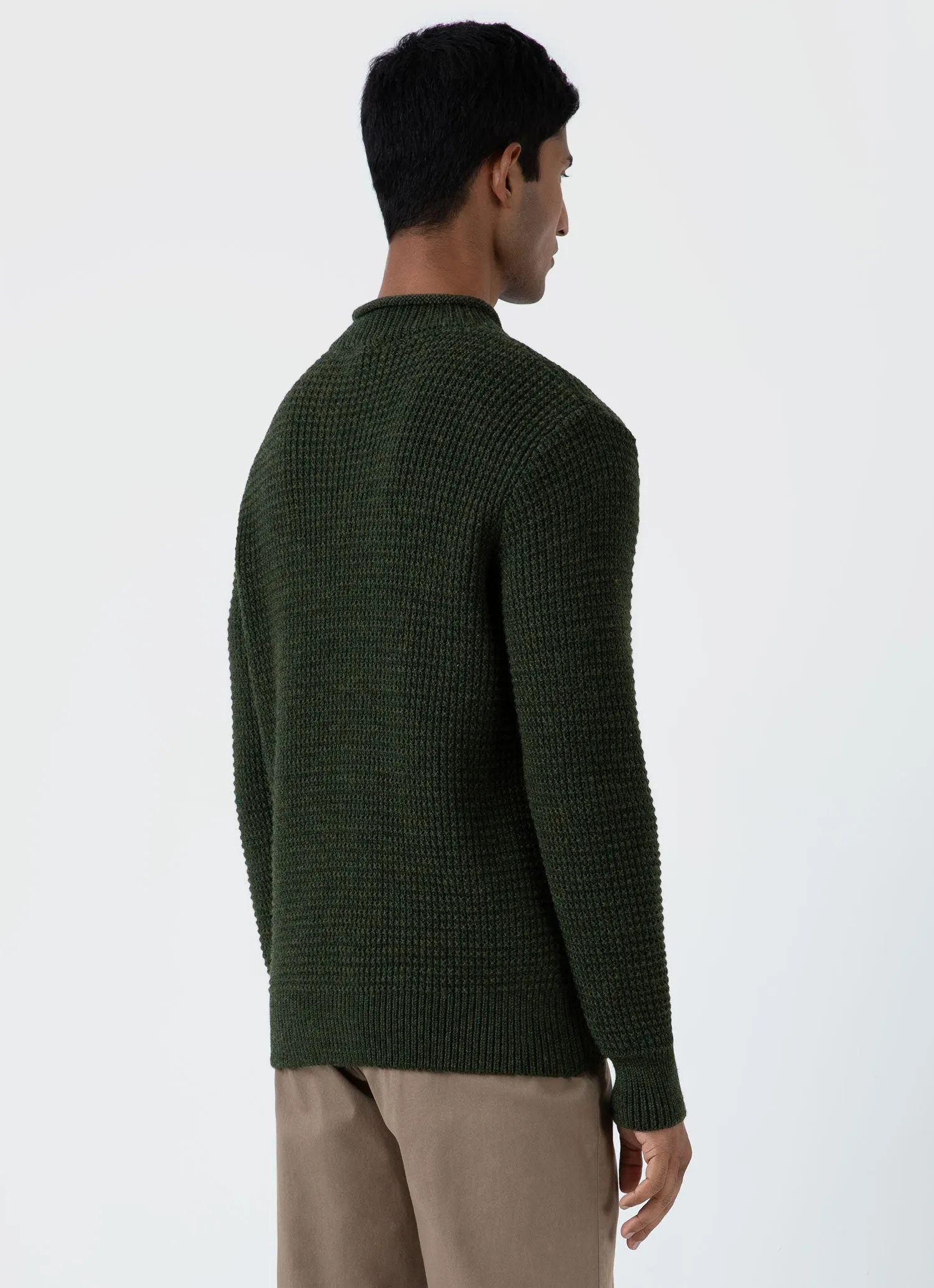 Men's Merino Fisherman Jumper in Dark Olive