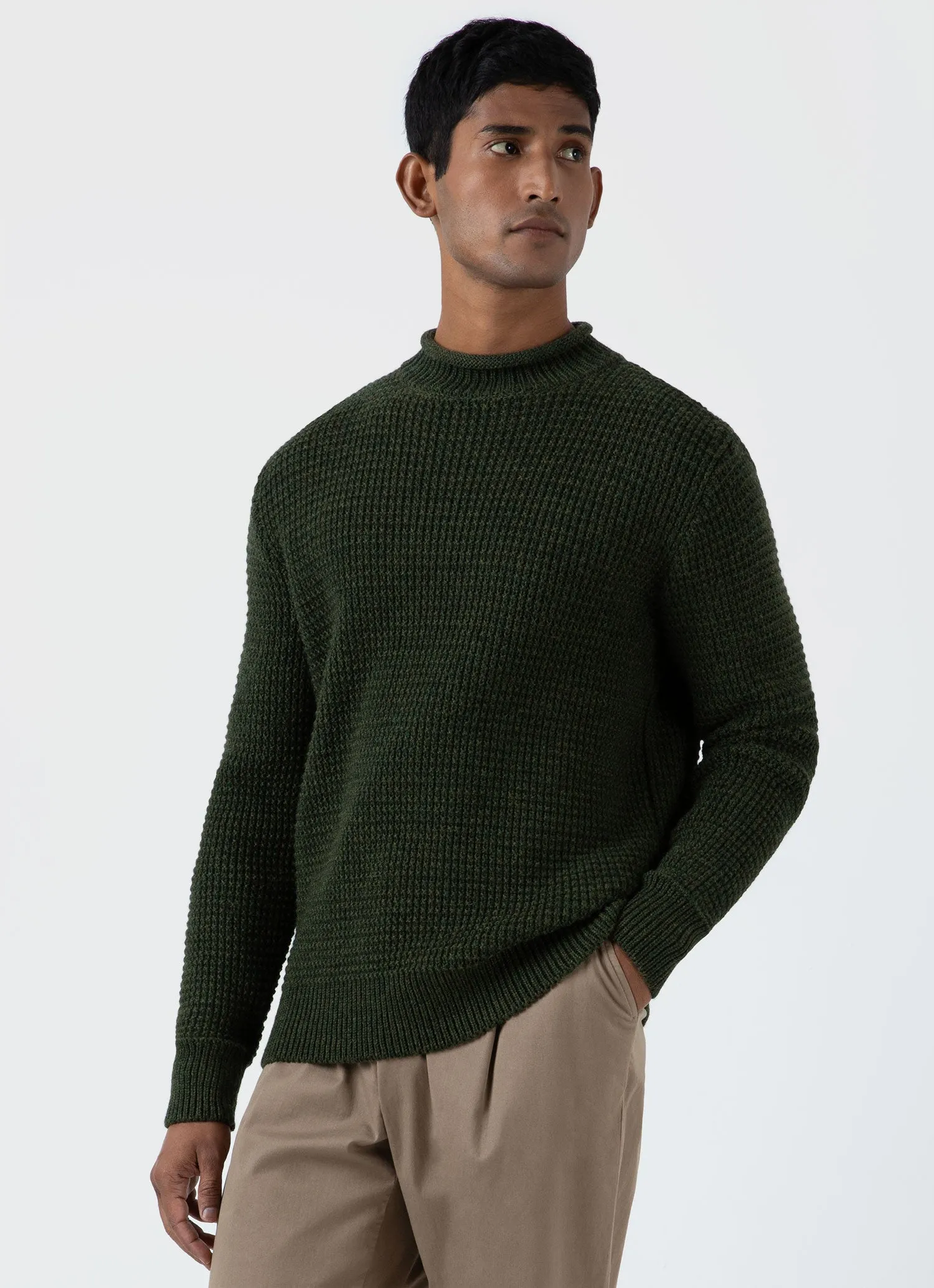 Men's Merino Fisherman Jumper in Dark Olive