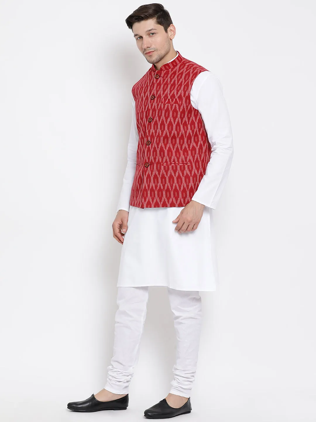 Men's White Cotton Kurta, Maroon Ethnic Jacket and Pyjama Set