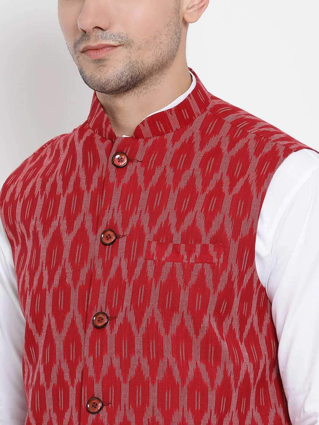 Men's White Cotton Kurta, Maroon Ethnic Jacket and Pyjama Set