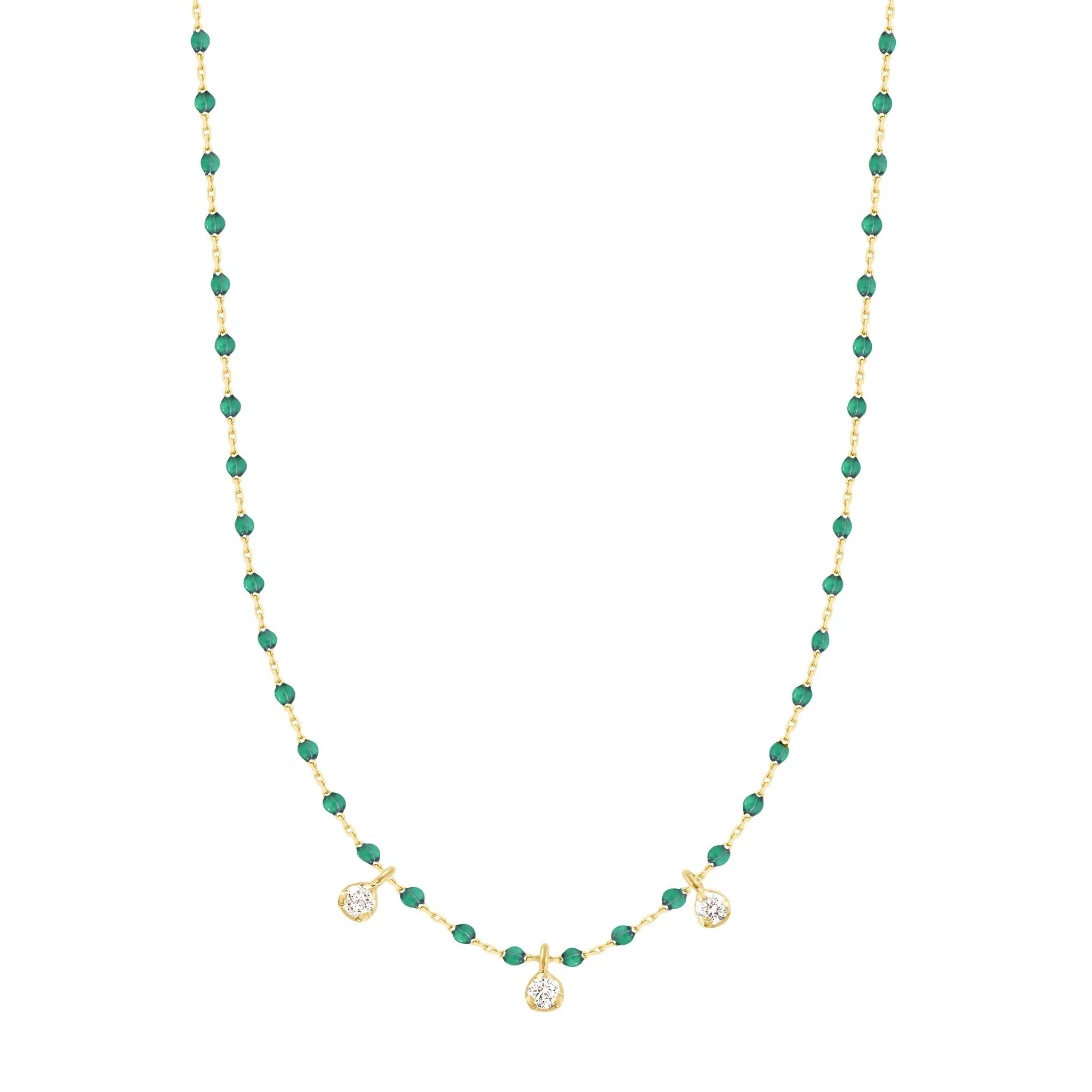 Mini Gigi Emerald necklace, Yellow Gold 3 diamond, 16.5"