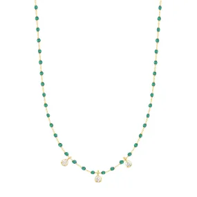 Mini Gigi Emerald necklace, Yellow Gold 3 diamond, 16.5"