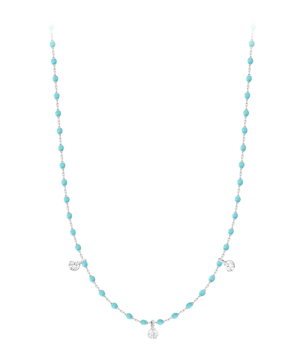 Mini Gigi Turquoise Green necklace, White Gold 3 diamond, 16.5"