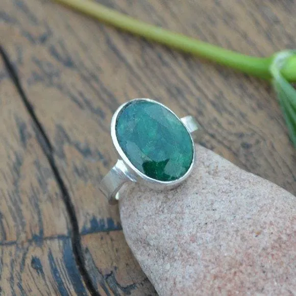 Natural Emerald Gemstone Ring - 925 Sterling Silver Ring, Emerald Jewelry, Nickel Free, May Birthstone