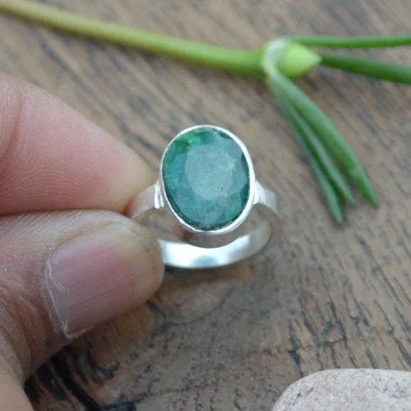 Natural Emerald Gemstone Ring - 925 Sterling Silver Ring, Emerald Jewelry, Nickel Free, May Birthstone