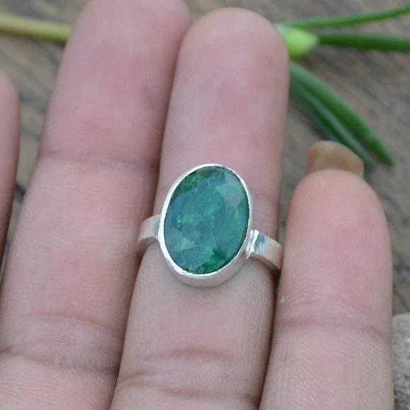 Natural Emerald Gemstone Ring - 925 Sterling Silver Ring, Emerald Jewelry, Nickel Free, May Birthstone