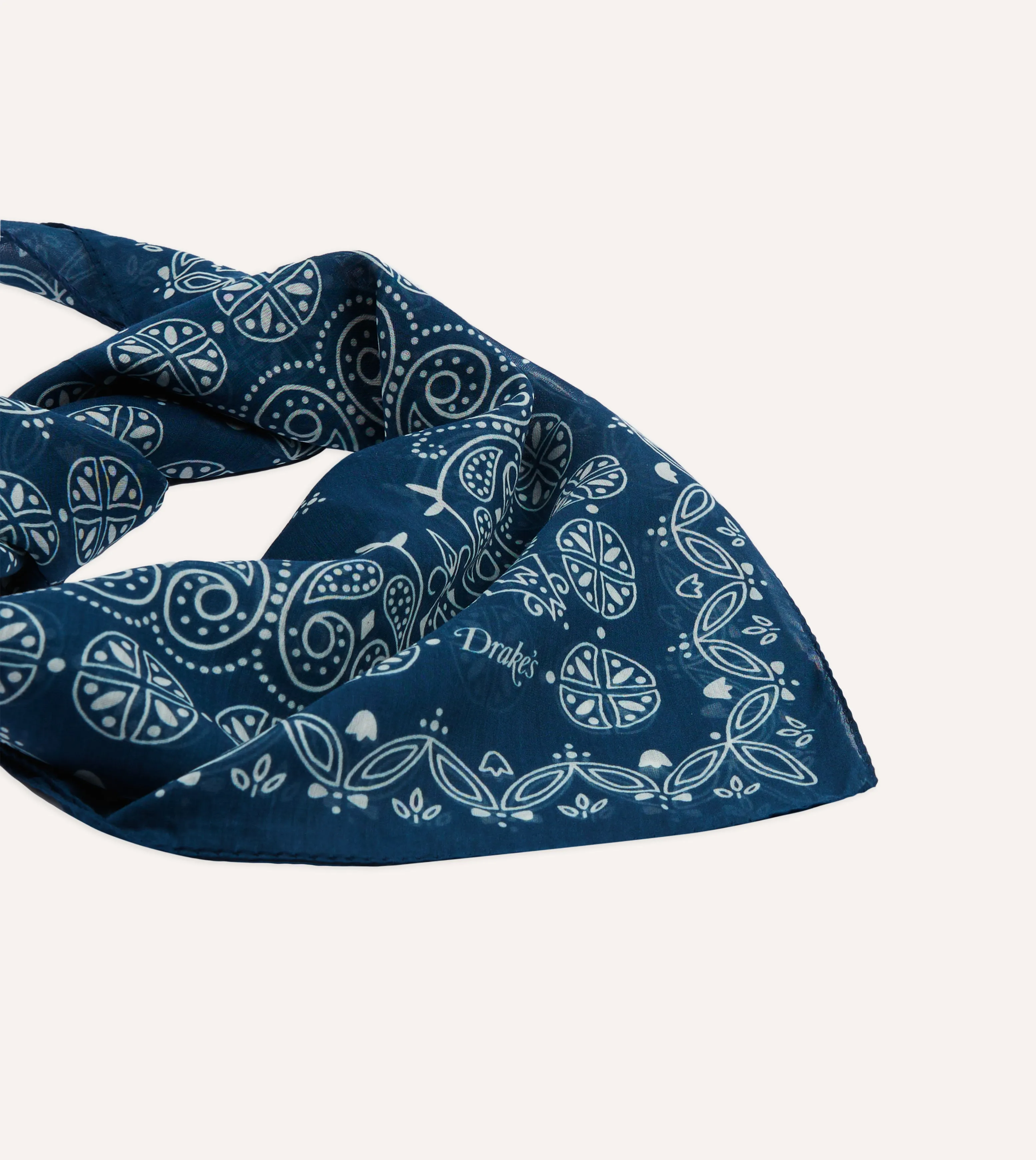 Navy Paisley Print Cotton-Silk Bandana