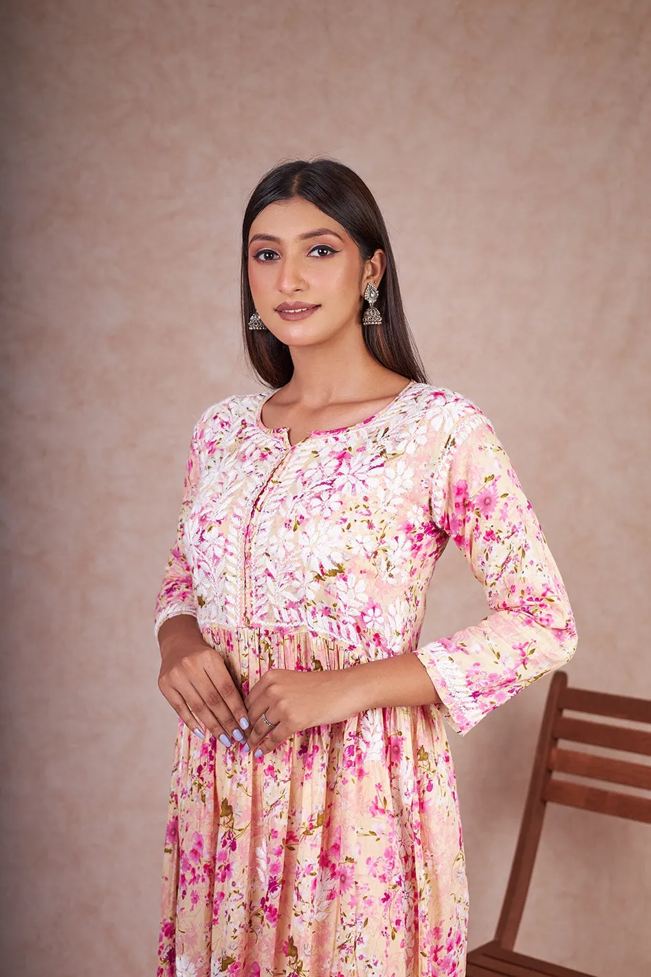 Nyra Cut Floral Mulmul Chikankari Kurta