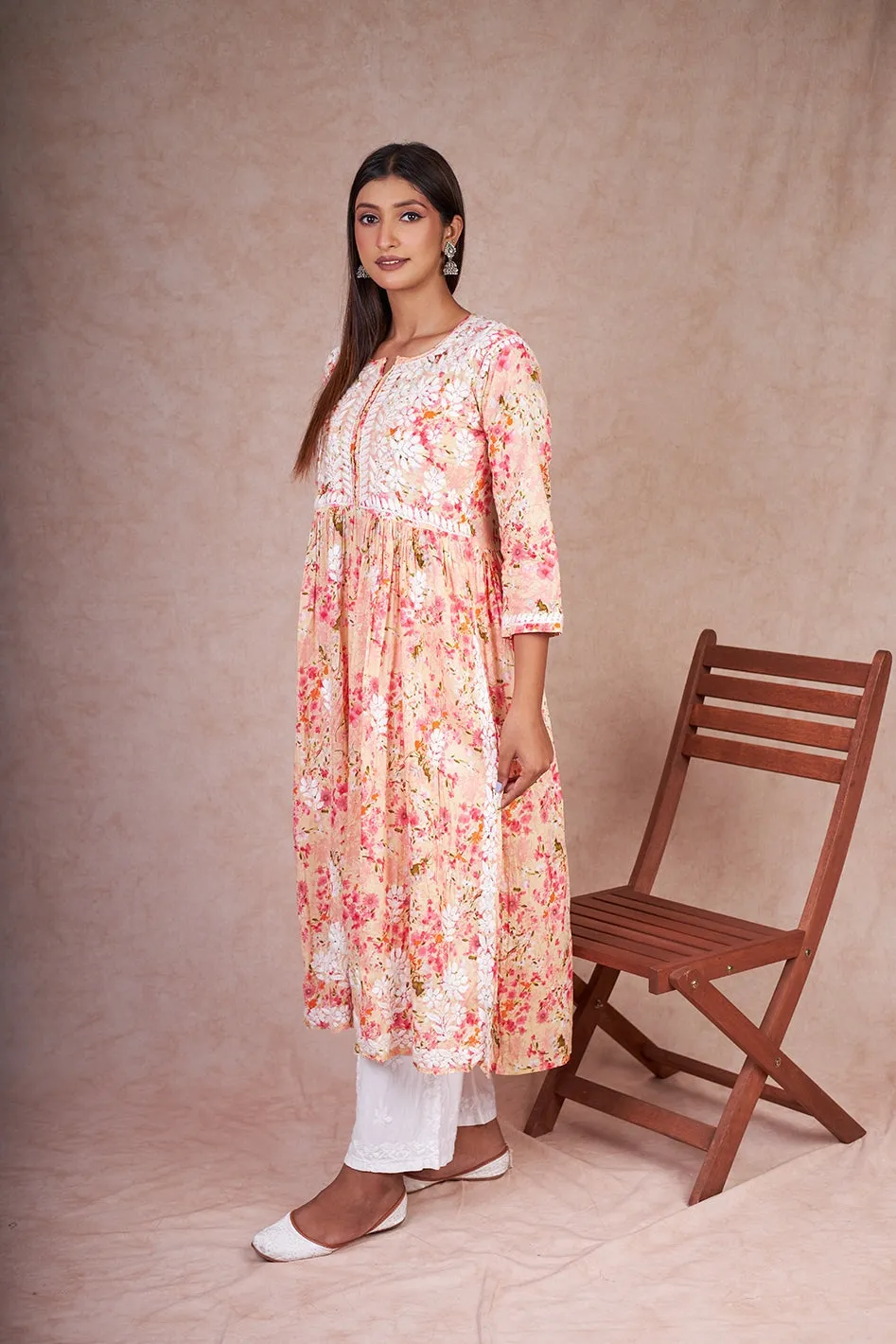 Nyra Cut Floral Mulmul Chikankari Kurta