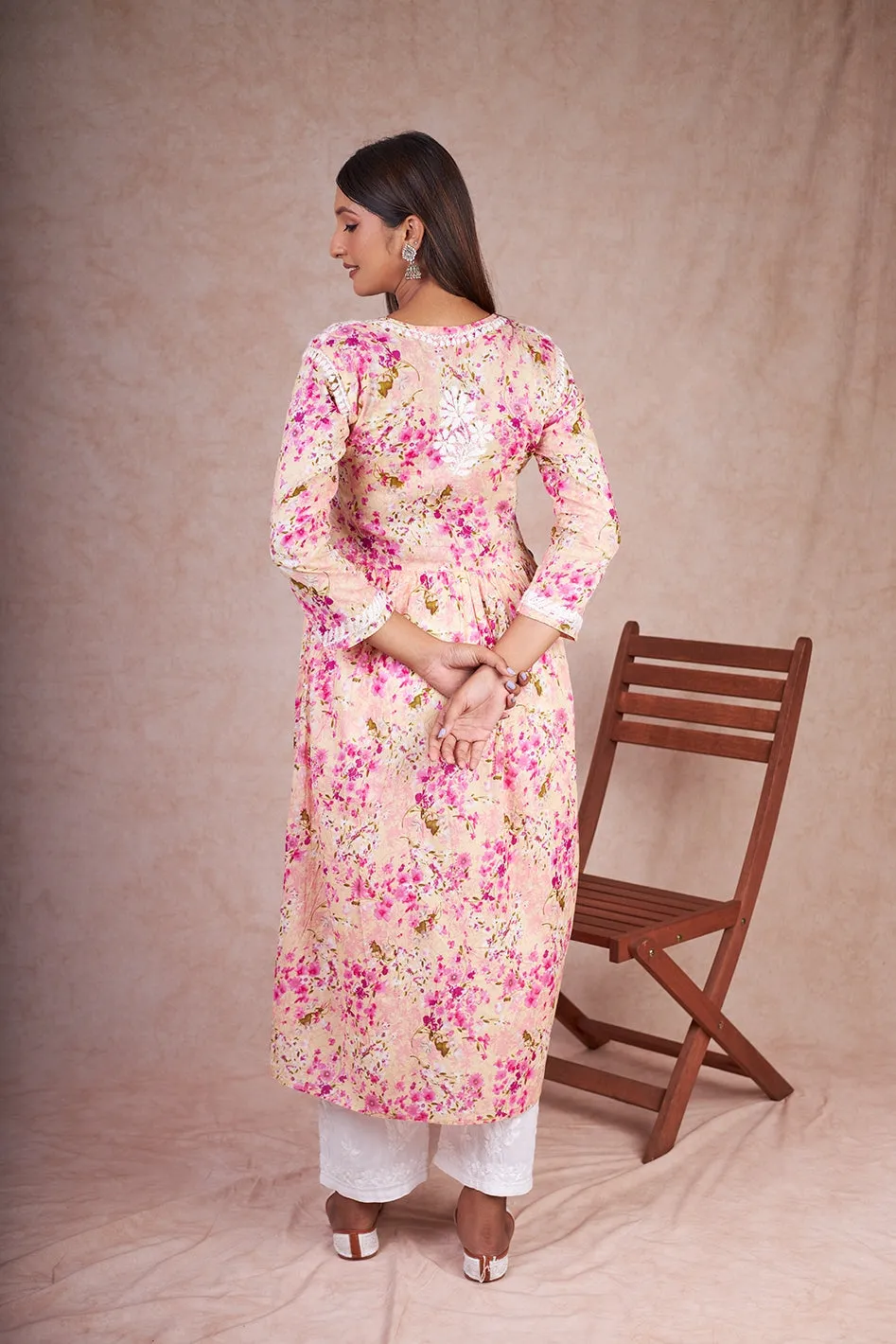 Nyra Cut Floral Mulmul Chikankari Kurta