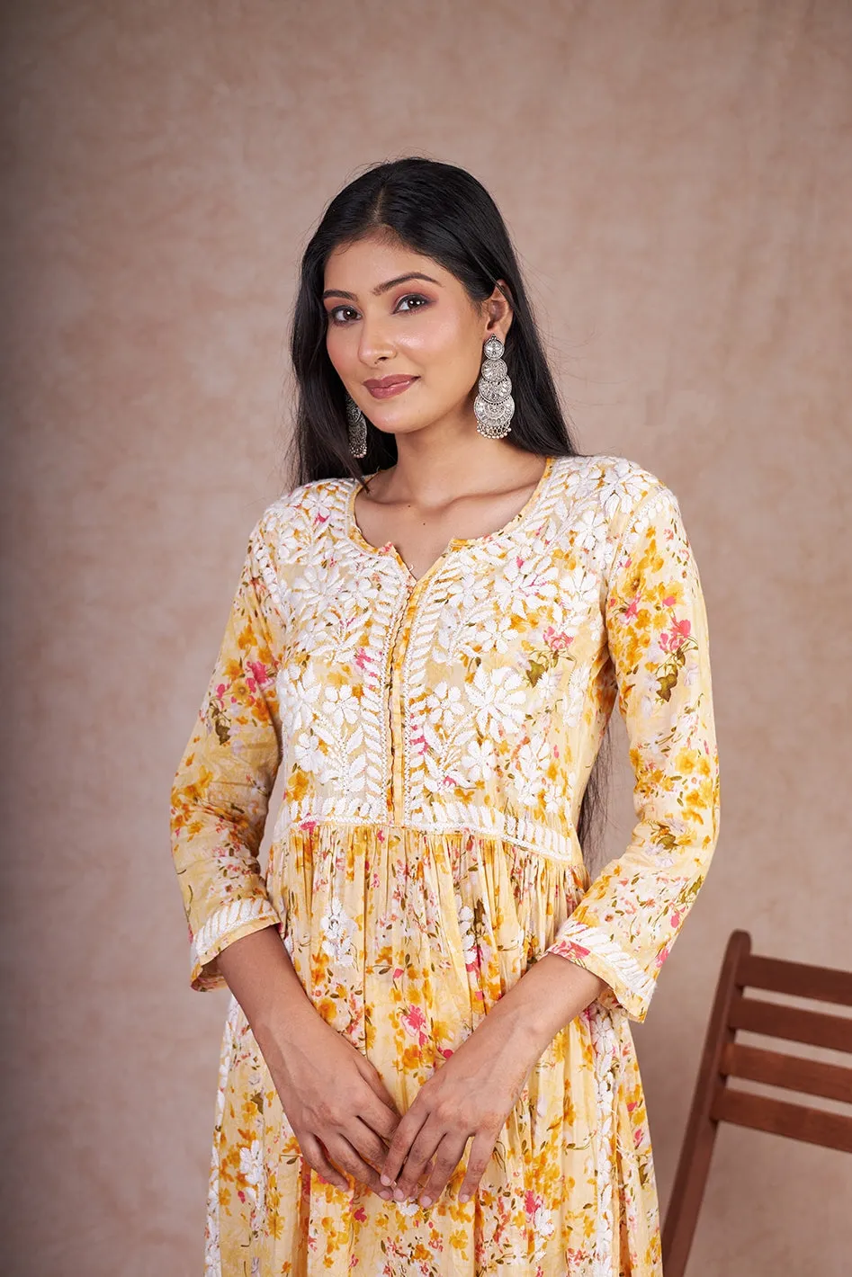 Nyra Cut Floral Mulmul Chikankari Kurta