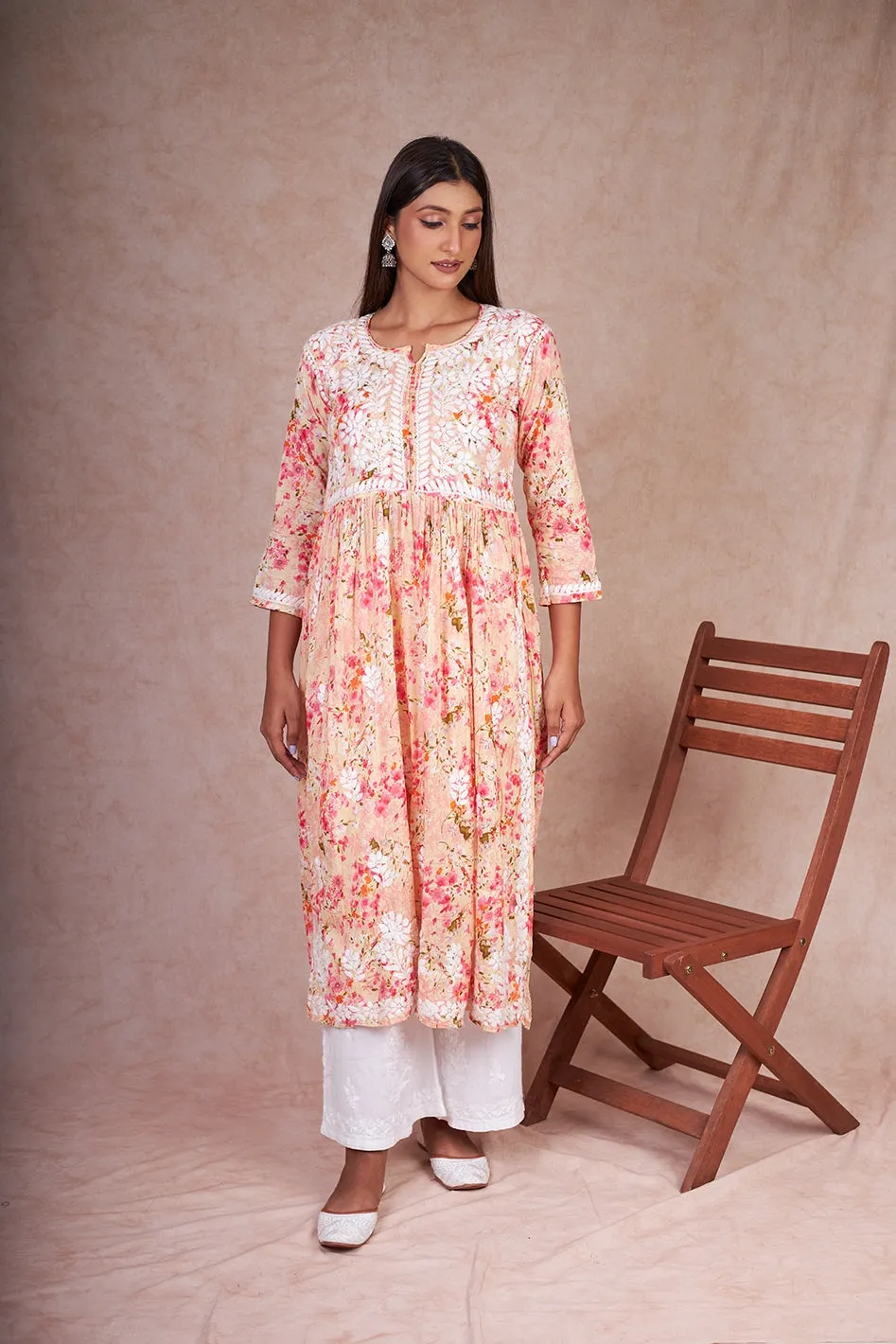 Nyra Cut Floral Mulmul Chikankari Kurta