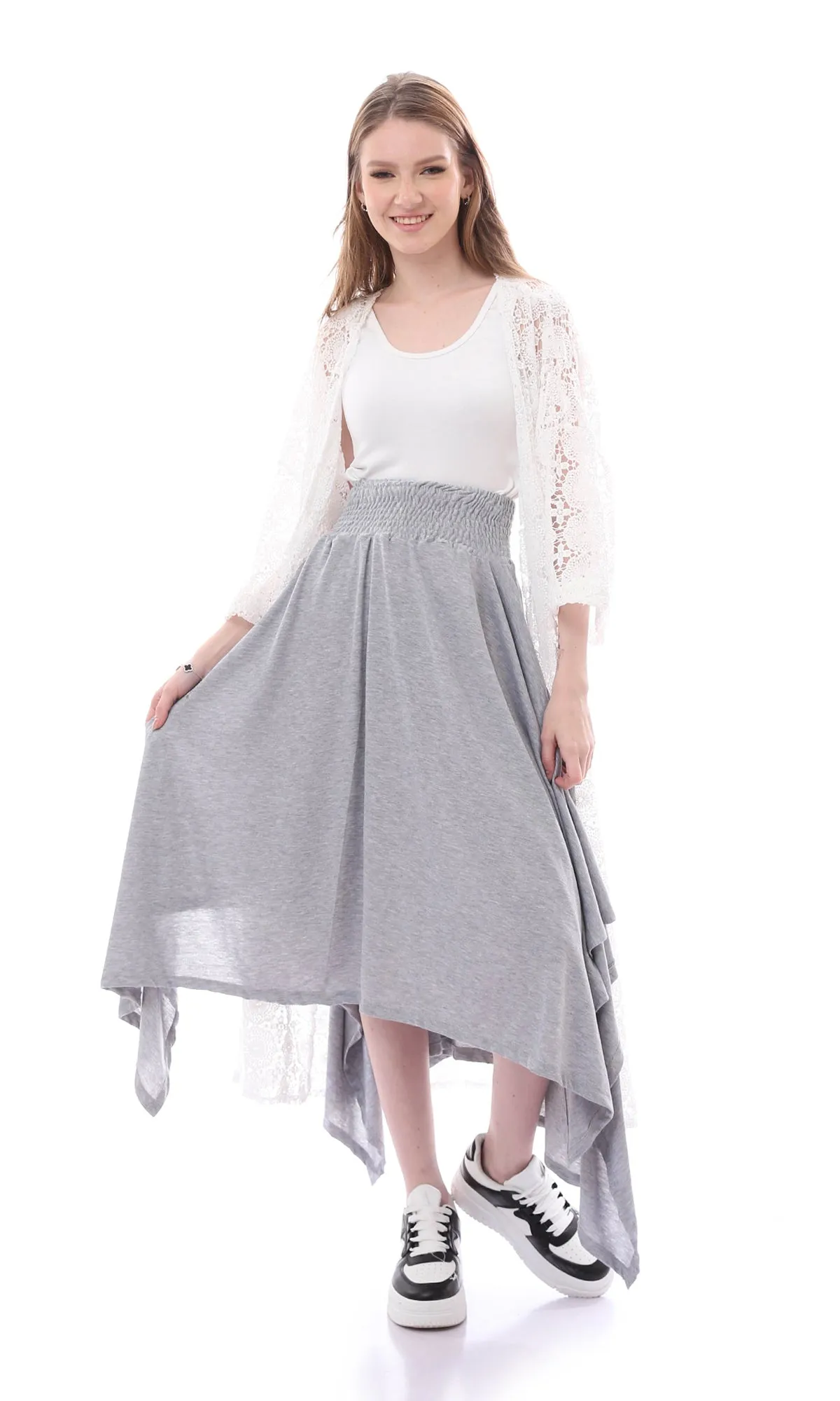 O167087 Casual Heather Grey Asymmetrical Skirt With Elastic Waist