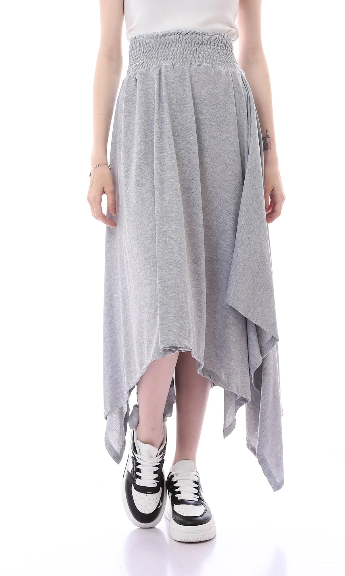 O167087 Casual Heather Grey Asymmetrical Skirt With Elastic Waist