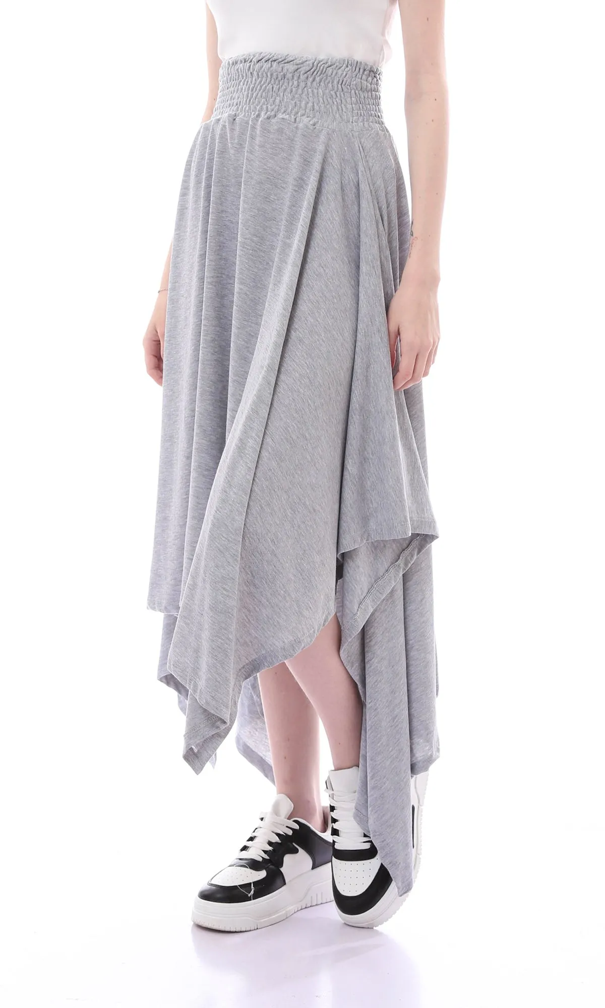 O167087 Casual Heather Grey Asymmetrical Skirt With Elastic Waist