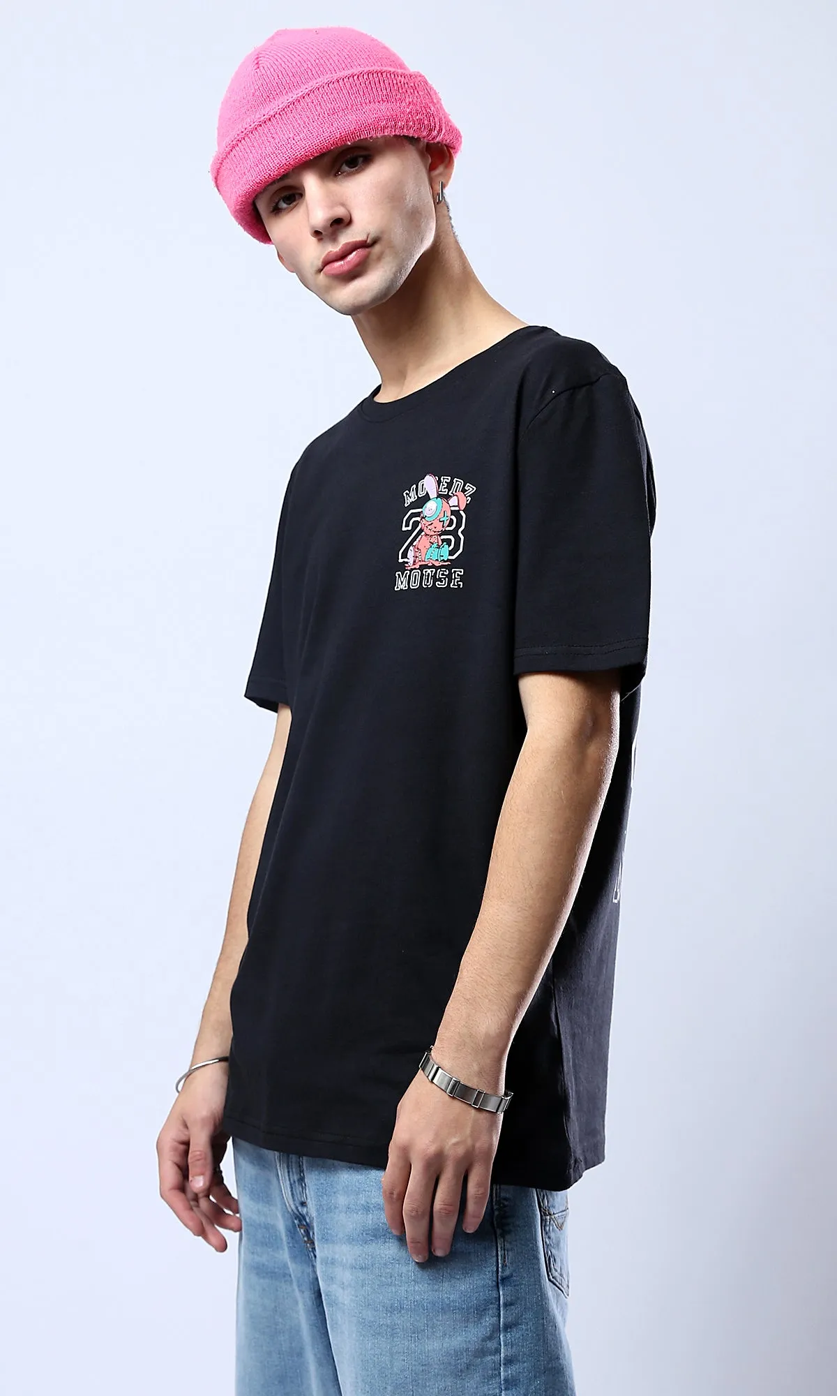 O178964 Short Sleeves Black Cotton Summer Tee