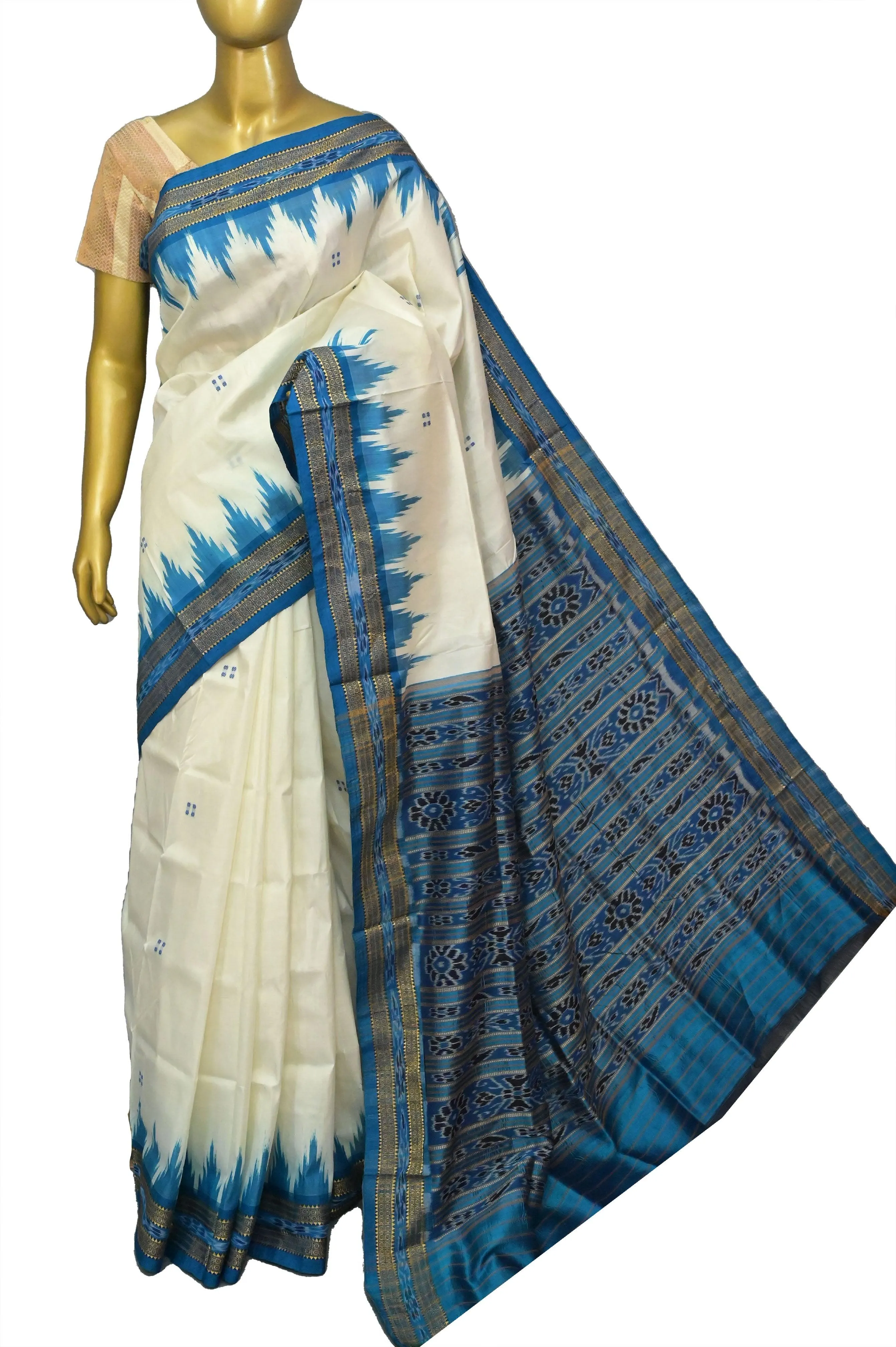 Offwhite and Blue Color Sambalpuri Silk Saree