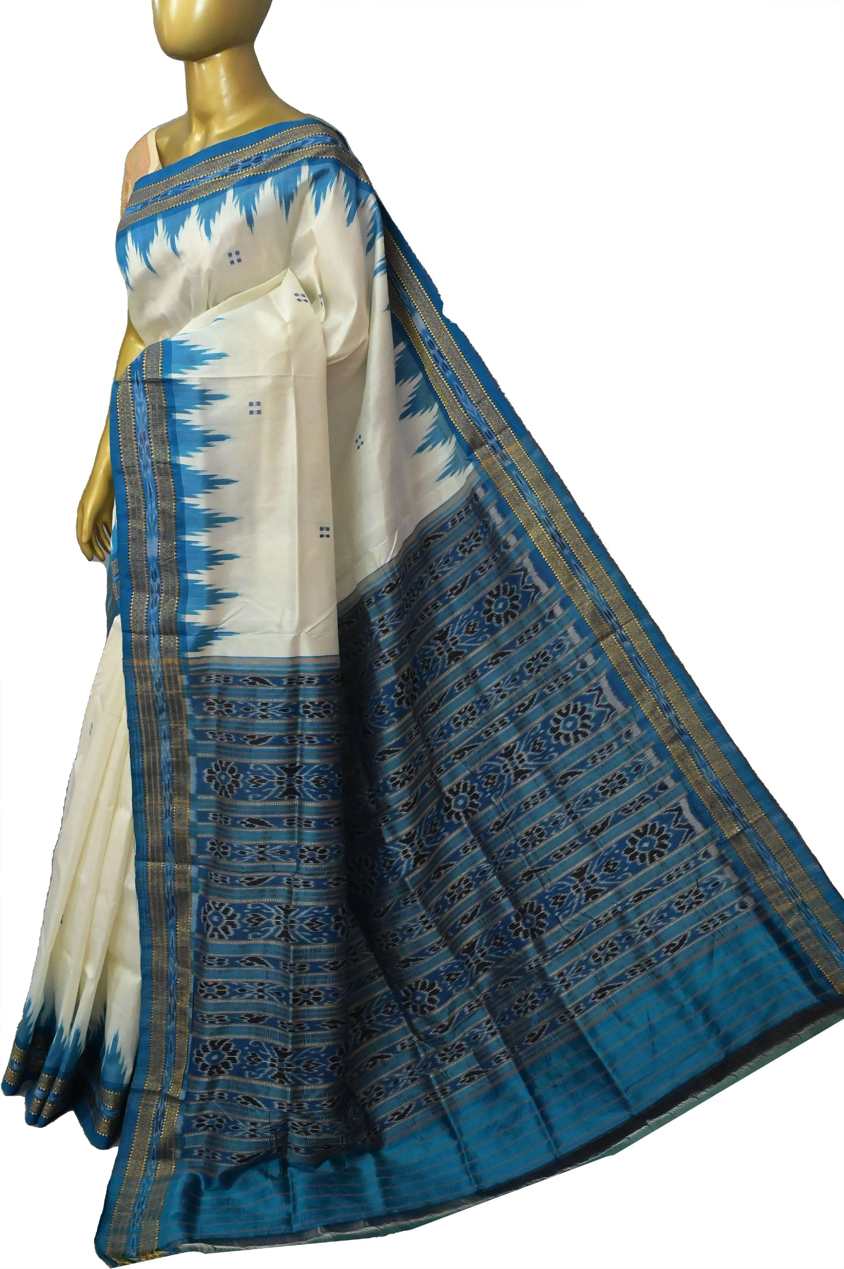 Offwhite and Blue Color Sambalpuri Silk Saree