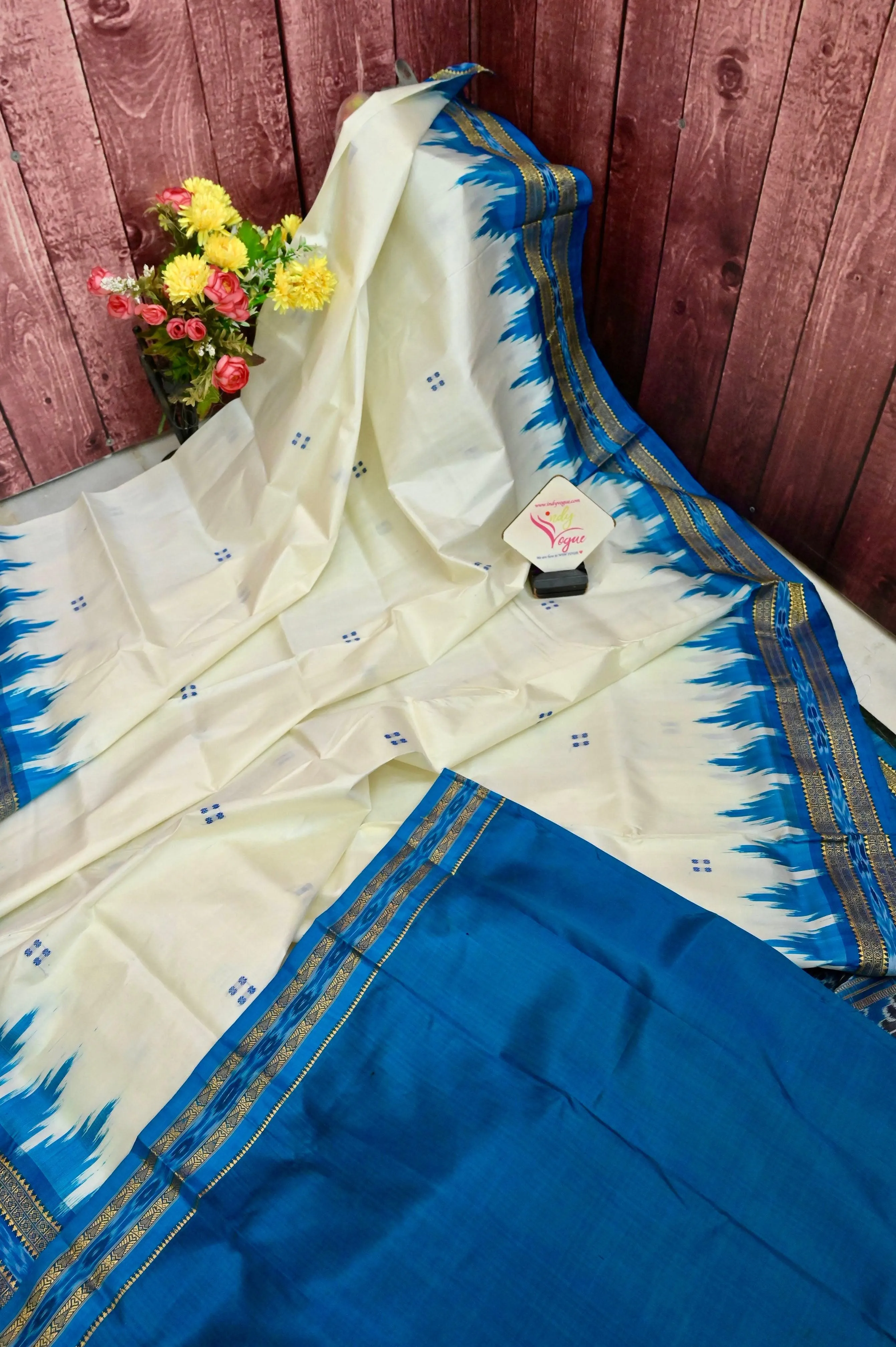 Offwhite and Blue Color Sambalpuri Silk Saree