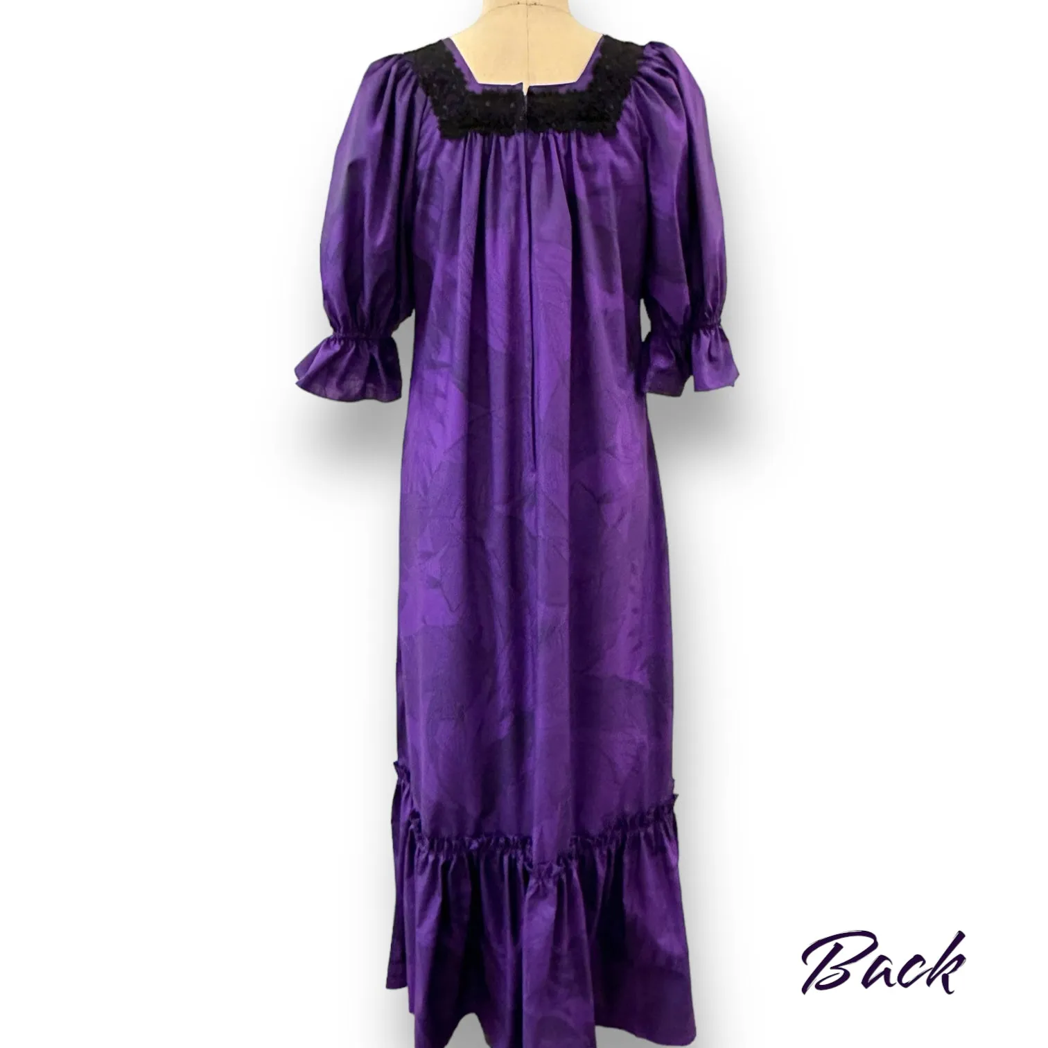 Original Print Purple Muumuu with Elegant Black Lace Trim 8891