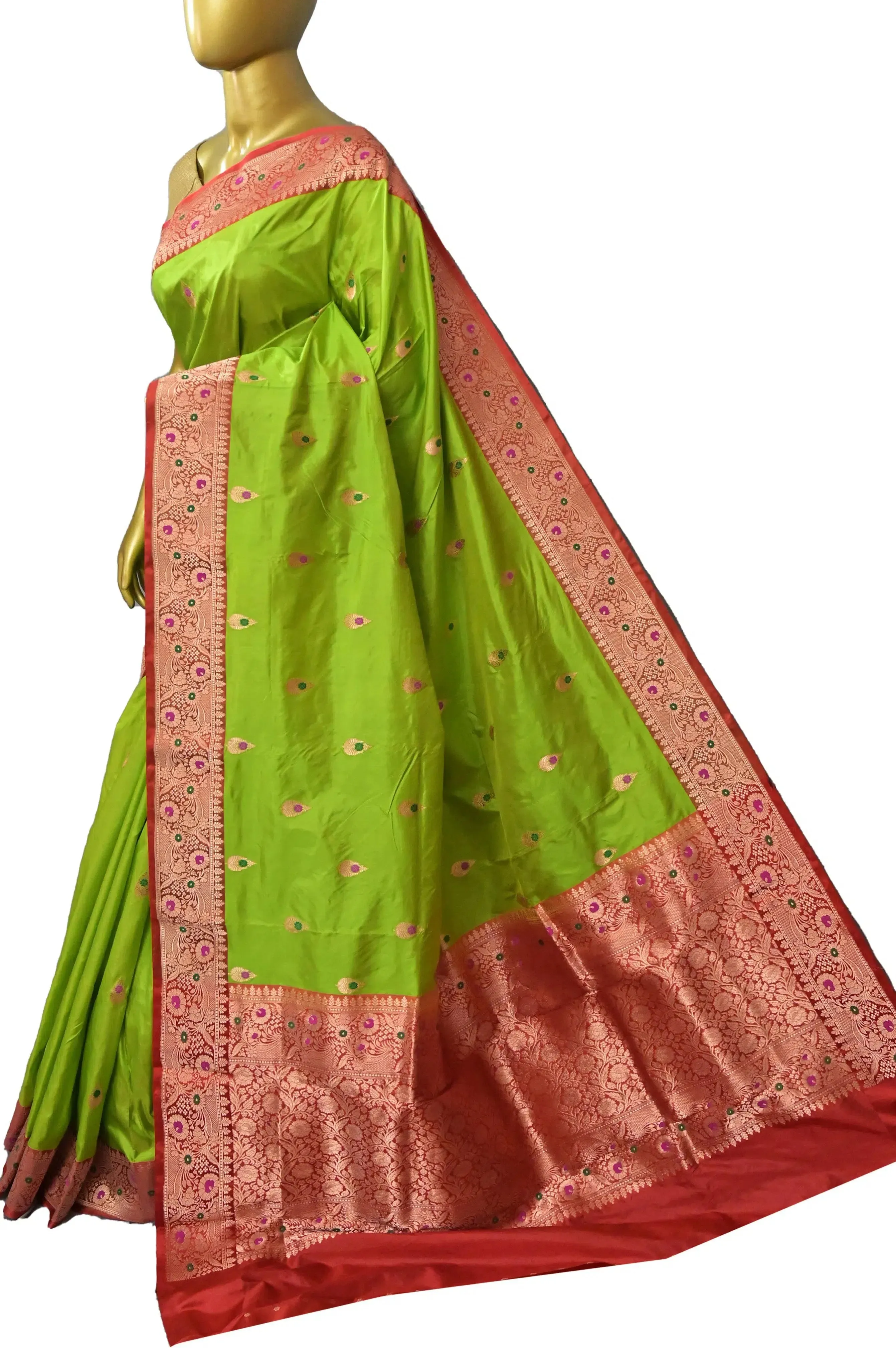 Parrot Green Color Pure Katan Saree with Meenakari Work on Border and Pallu