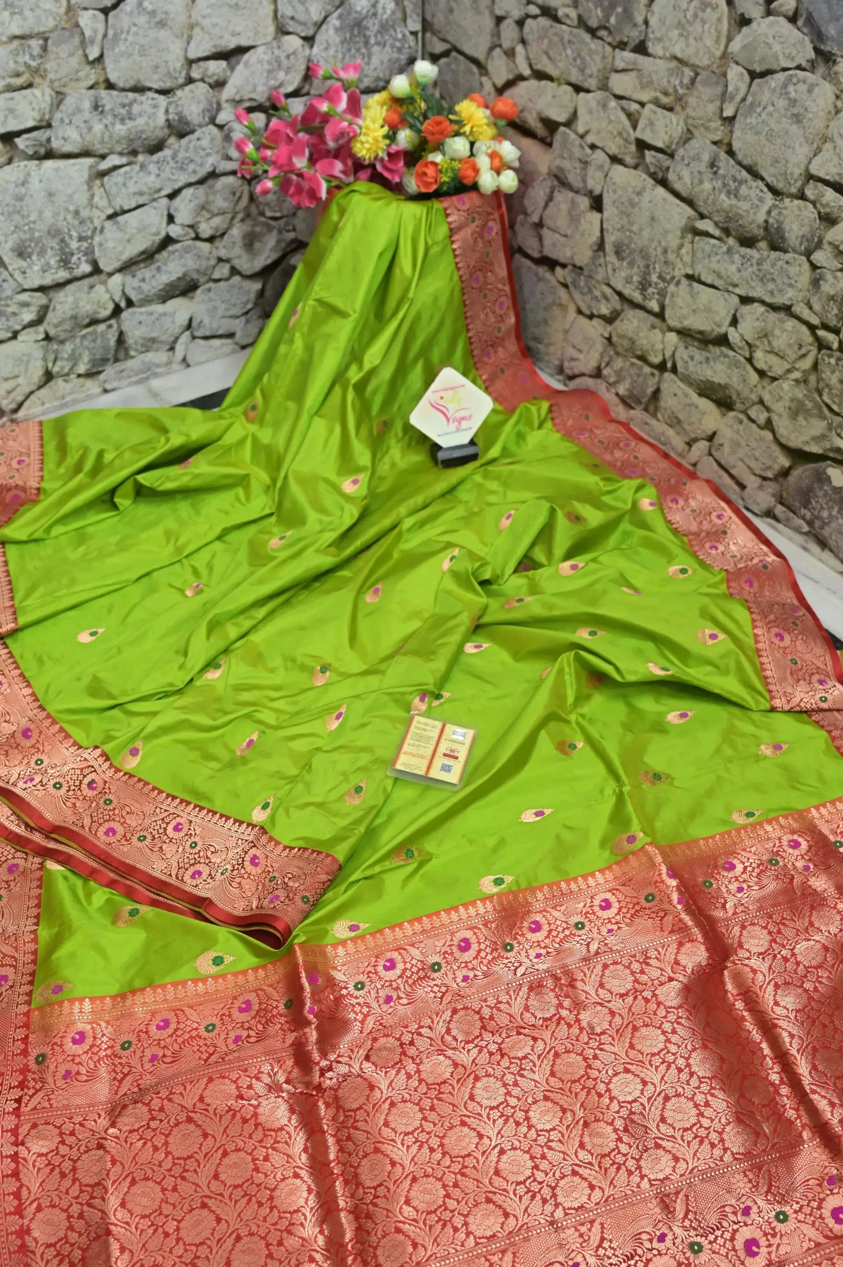 Parrot Green Color Pure Katan Saree with Meenakari Work on Border and Pallu