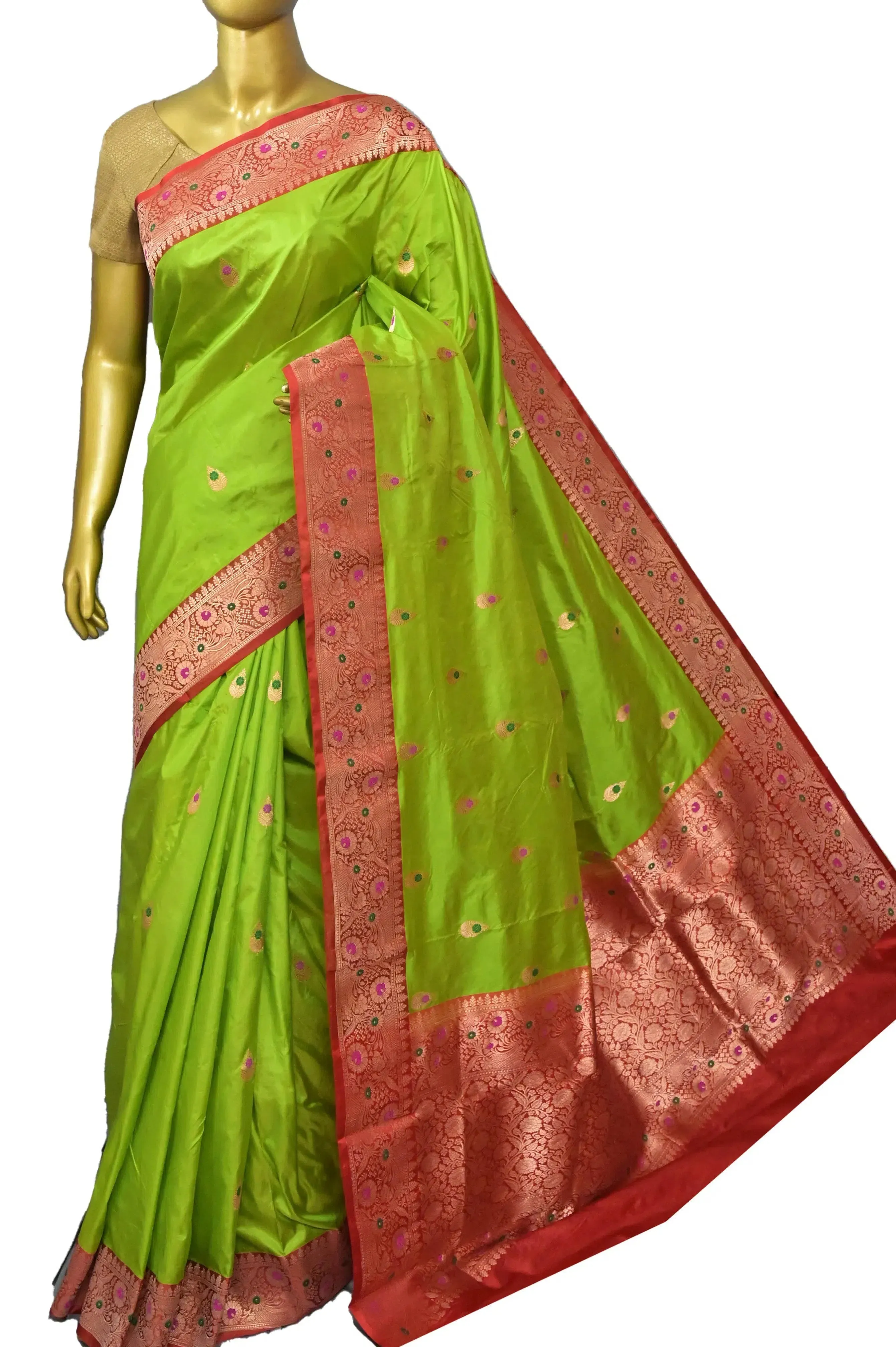 Parrot Green Color Pure Katan Saree with Meenakari Work on Border and Pallu