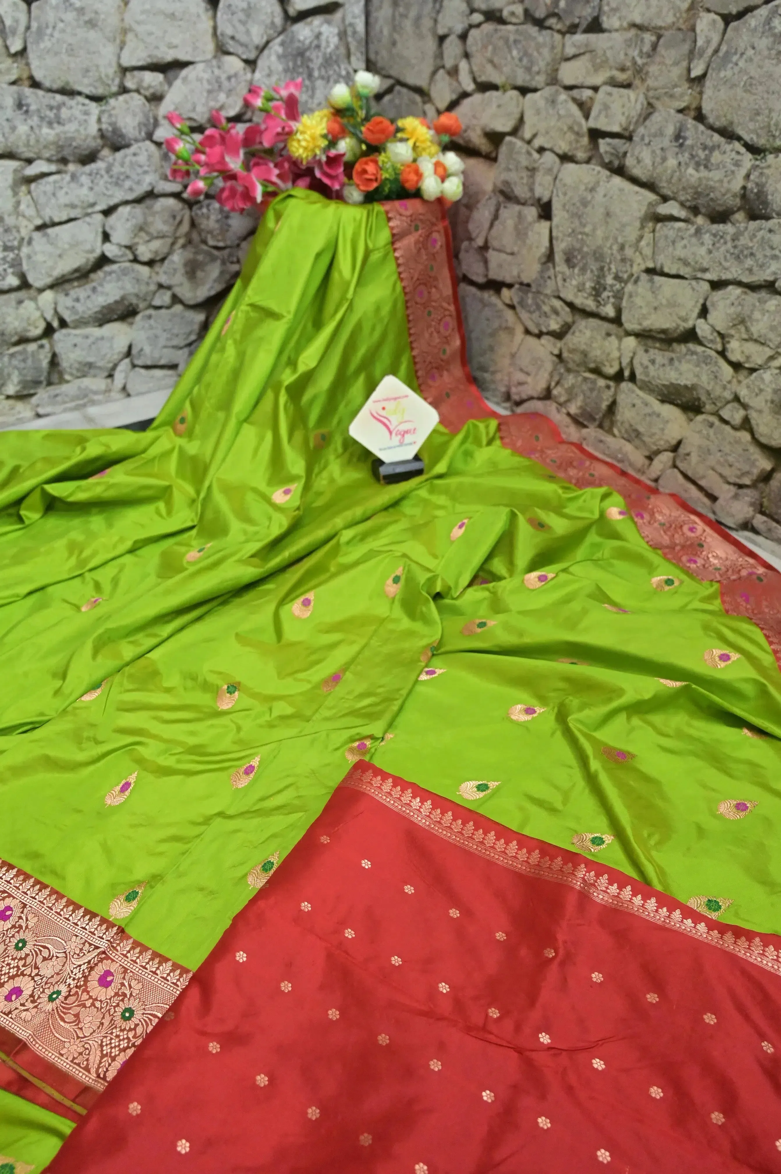 Parrot Green Color Pure Katan Saree with Meenakari Work on Border and Pallu