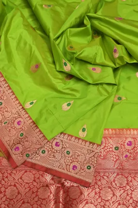 Parrot Green Color Pure Katan Saree with Meenakari Work on Border and Pallu