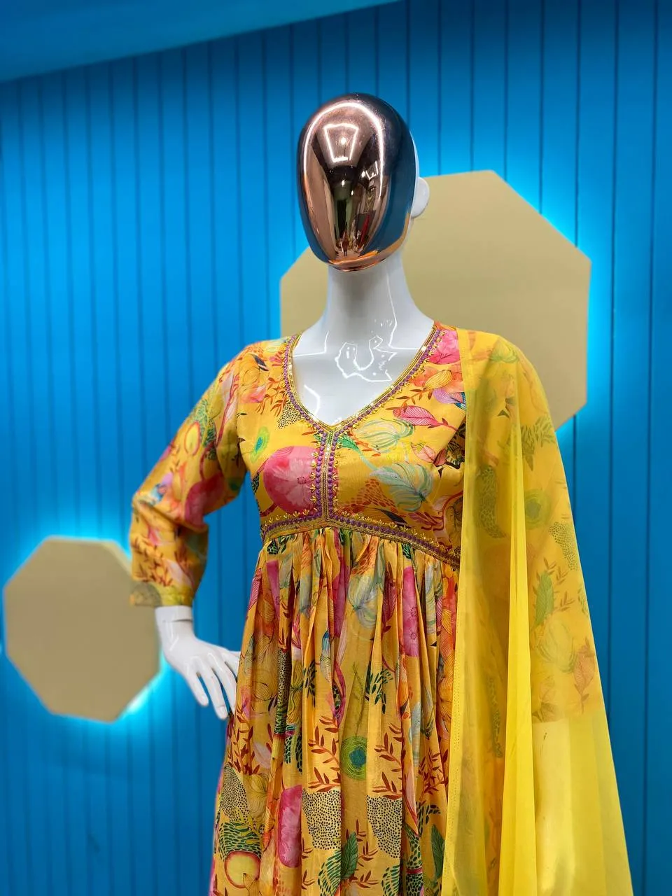 Party Wear Yellow Women Gown Pant with Dupatta Suit