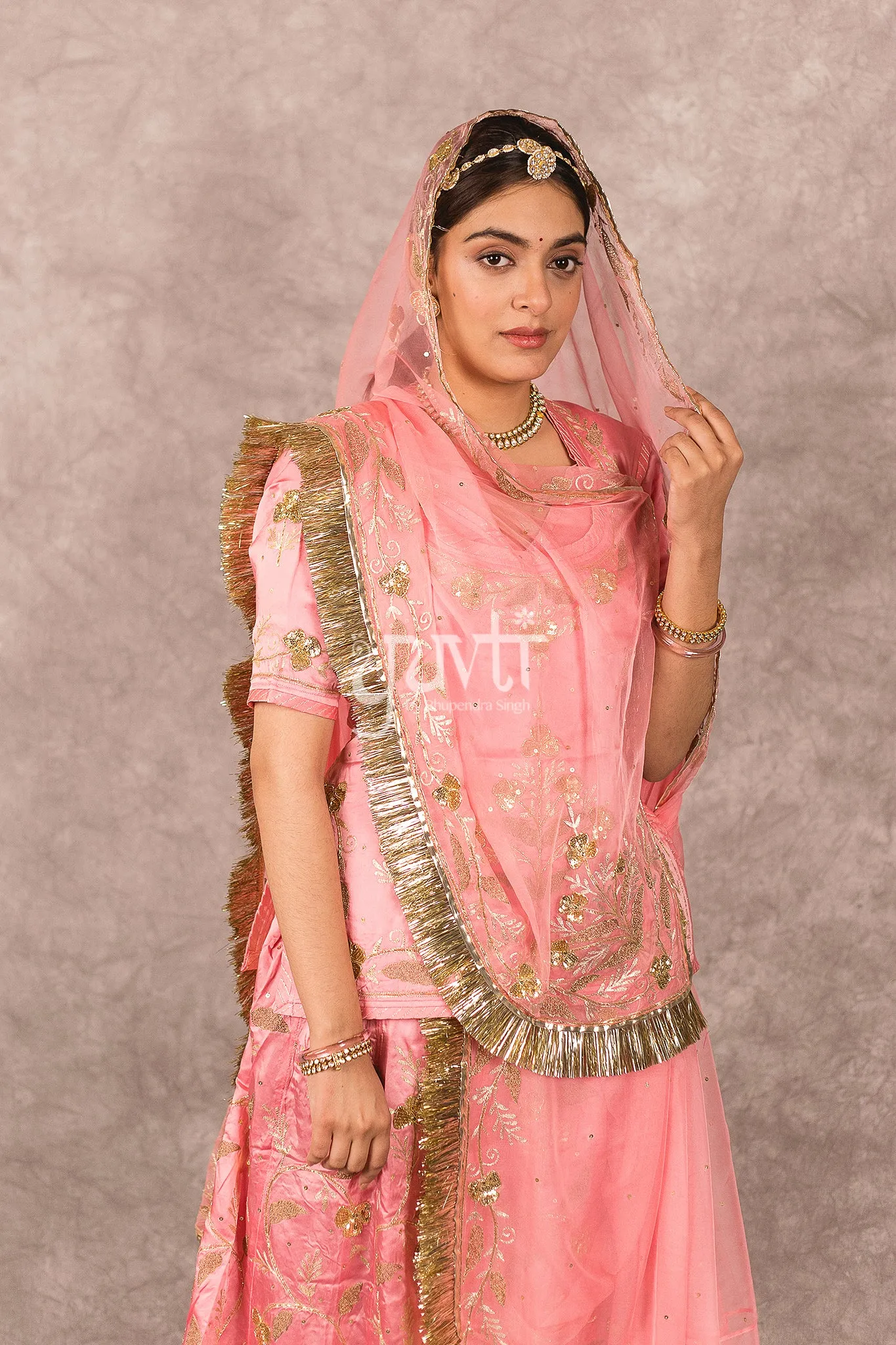 Peach Bamber Satin Aari sequins work Poshak