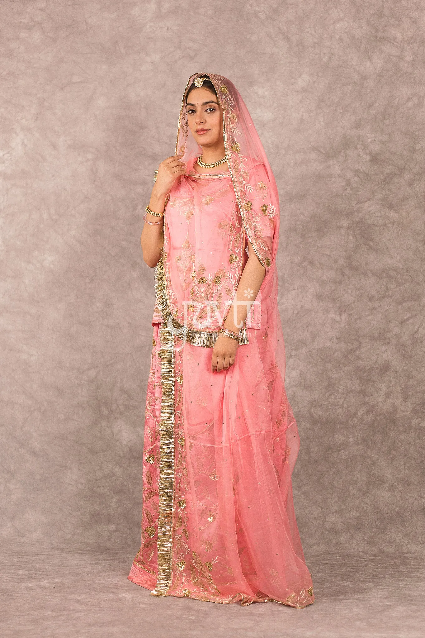 Peach Bamber Satin Aari sequins work Poshak