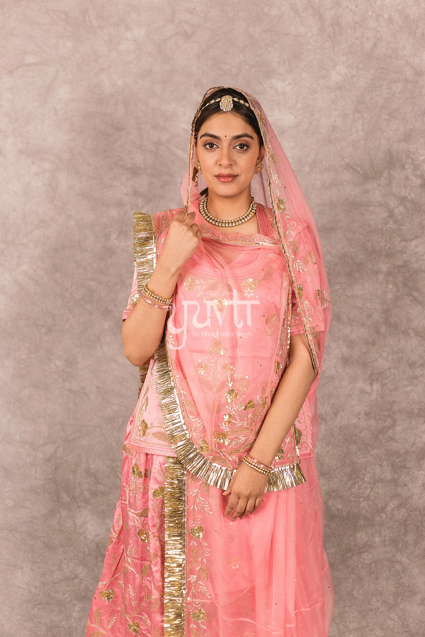 Peach Bamber Satin Aari sequins work Poshak