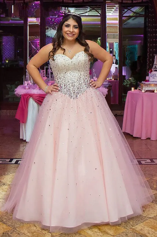 Pink A Line Floor Length Sweetheart Strapless Sleeveless Beading Plus Size Prom Dresses