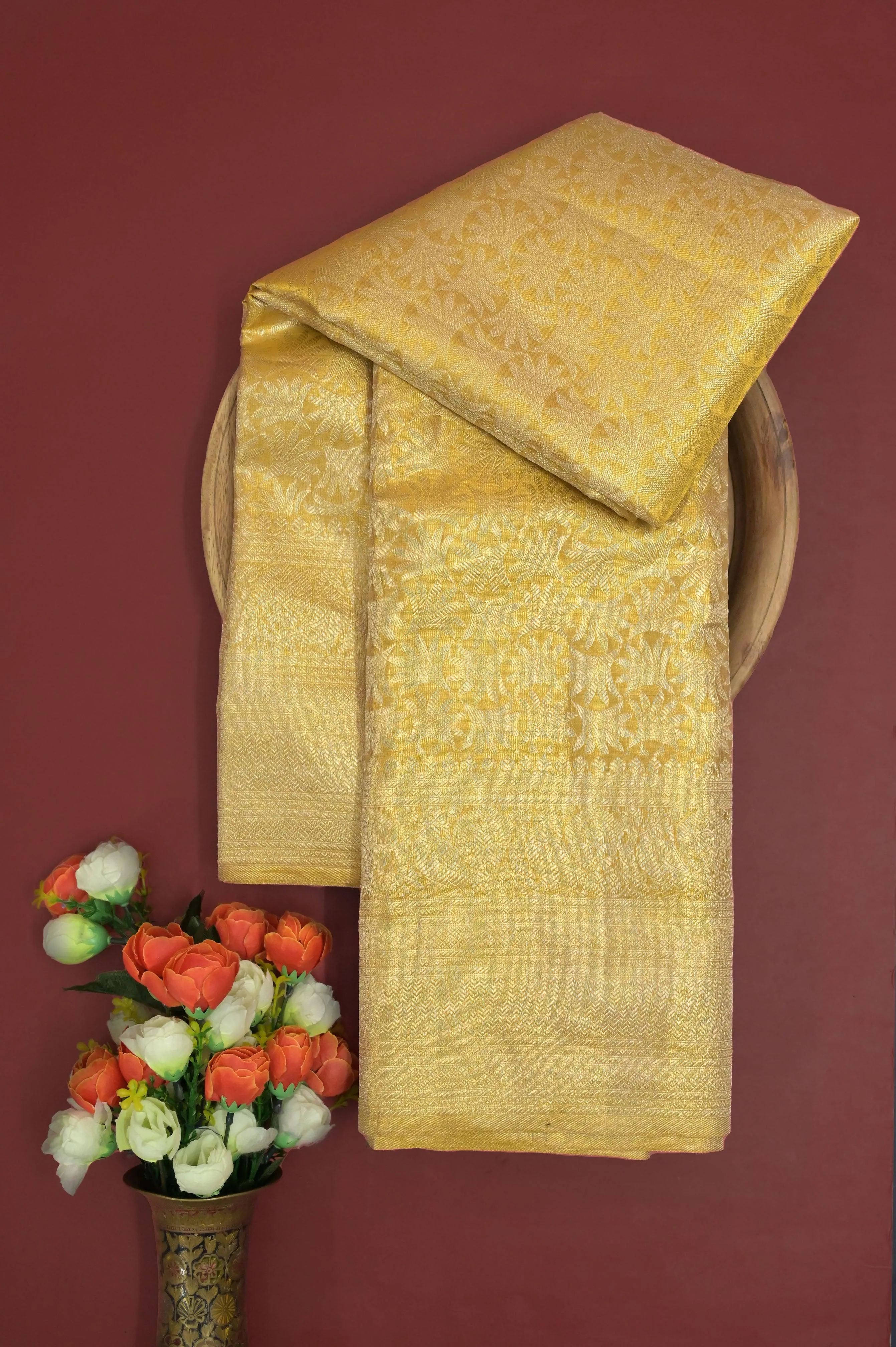 Pure Golden Color Brocade Kanjeevaram Silk Saree with Broad Border