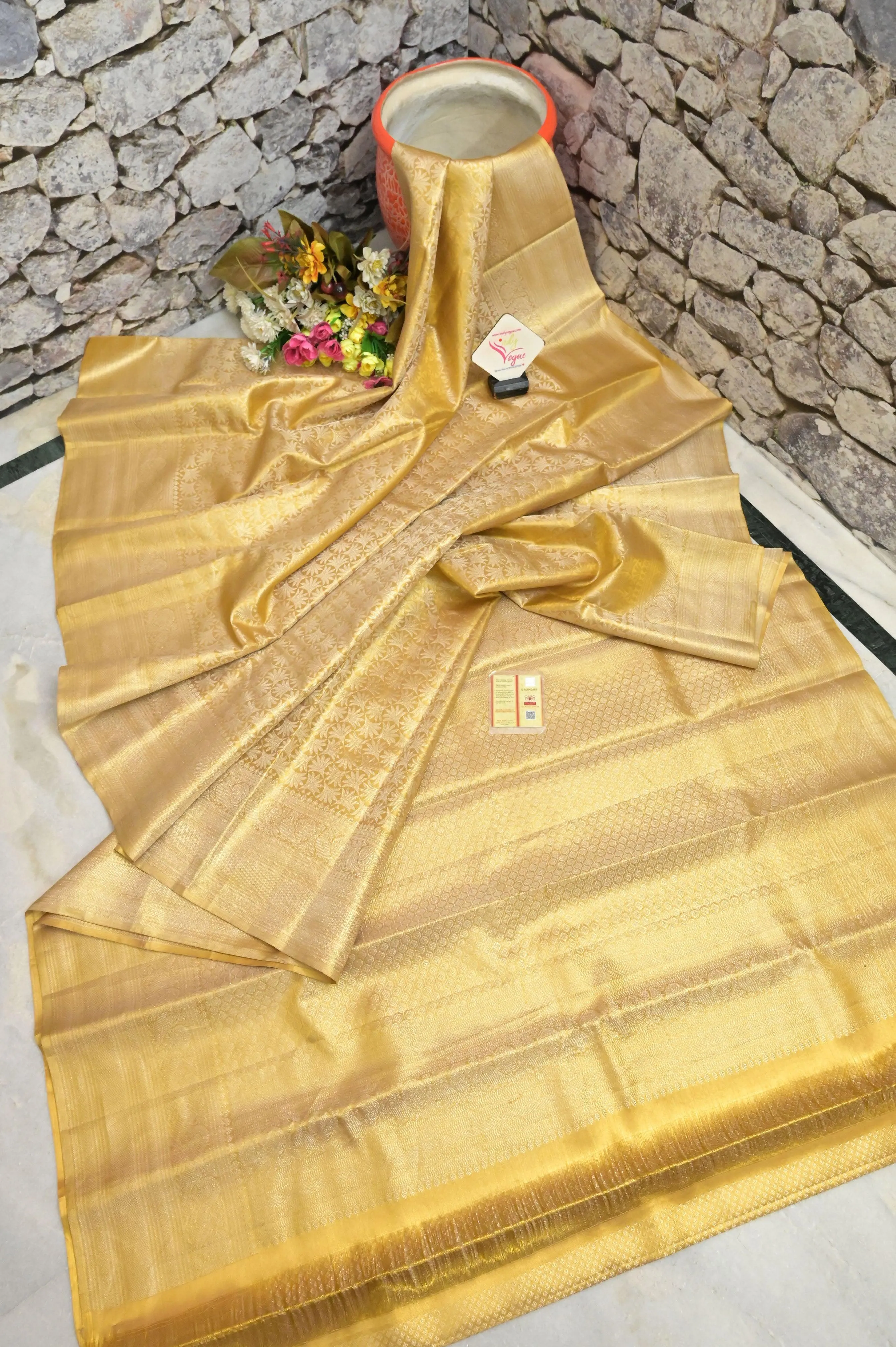 Pure Golden Color Brocade Kanjeevaram Silk Saree with Broad Border