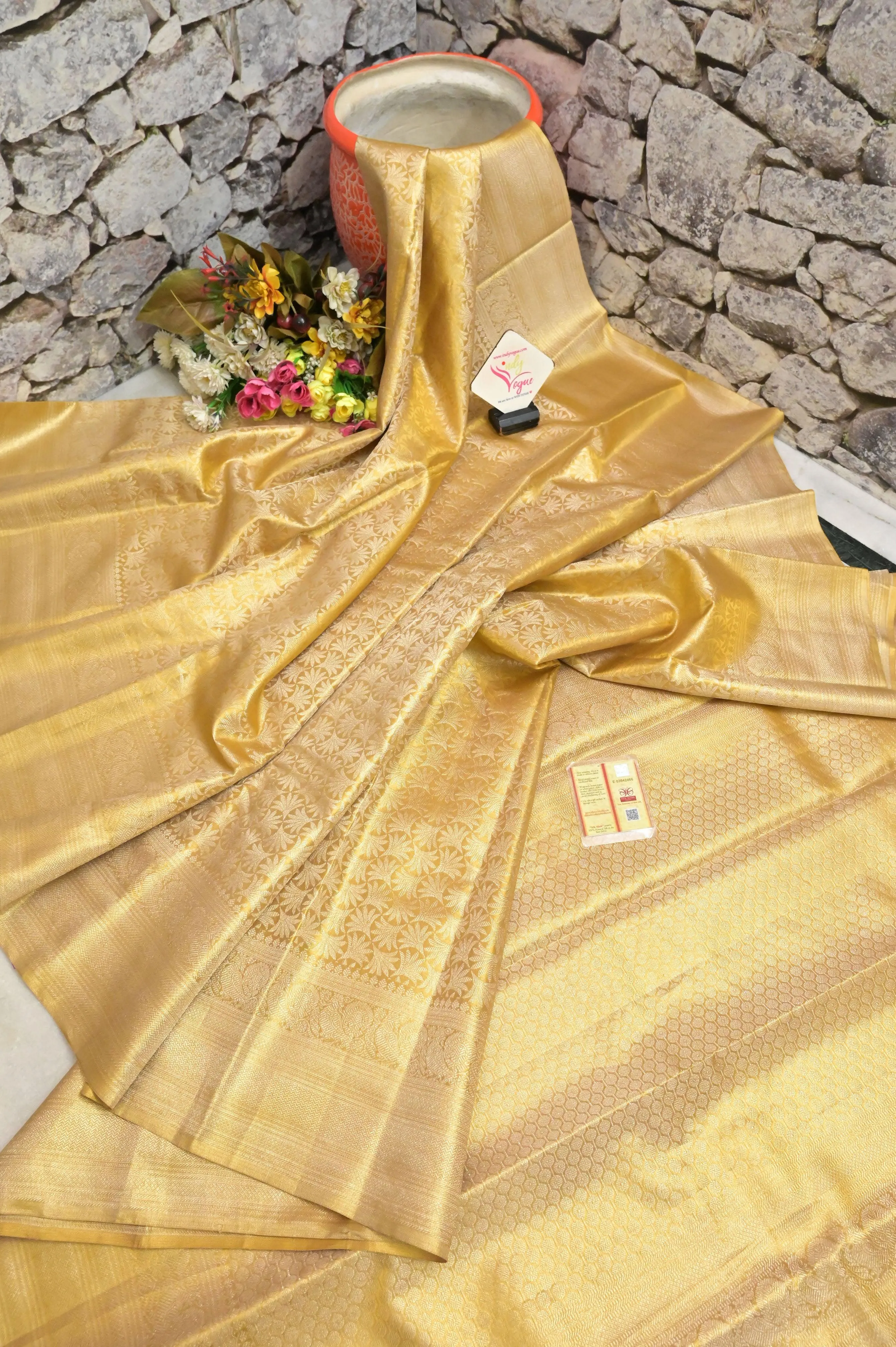 Pure Golden Color Brocade Kanjeevaram Silk Saree with Broad Border