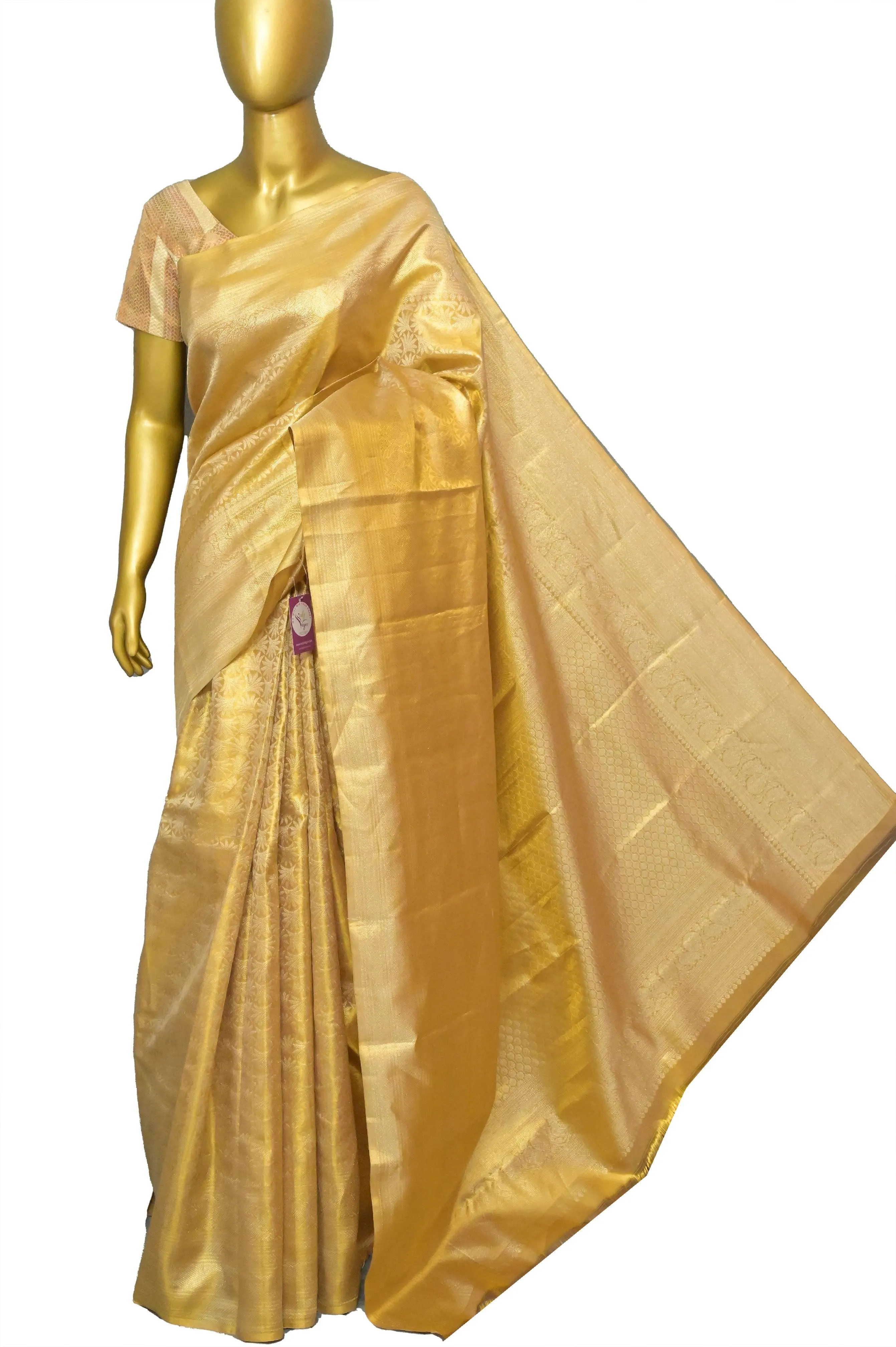 Pure Golden Color Brocade Kanjeevaram Silk Saree with Broad Border