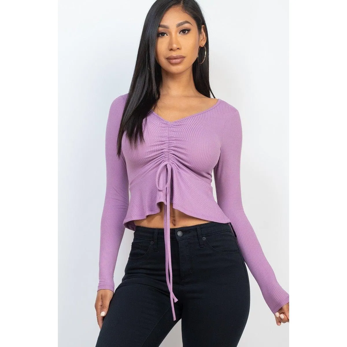 Ribbed Drawstring Front Long Sleeve Peplum Top