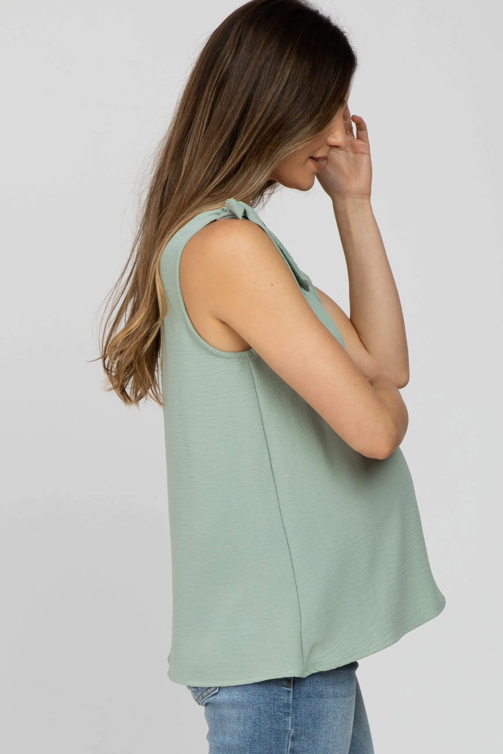 Sage Bow Shoulder Accent Sleeveless Maternity Top