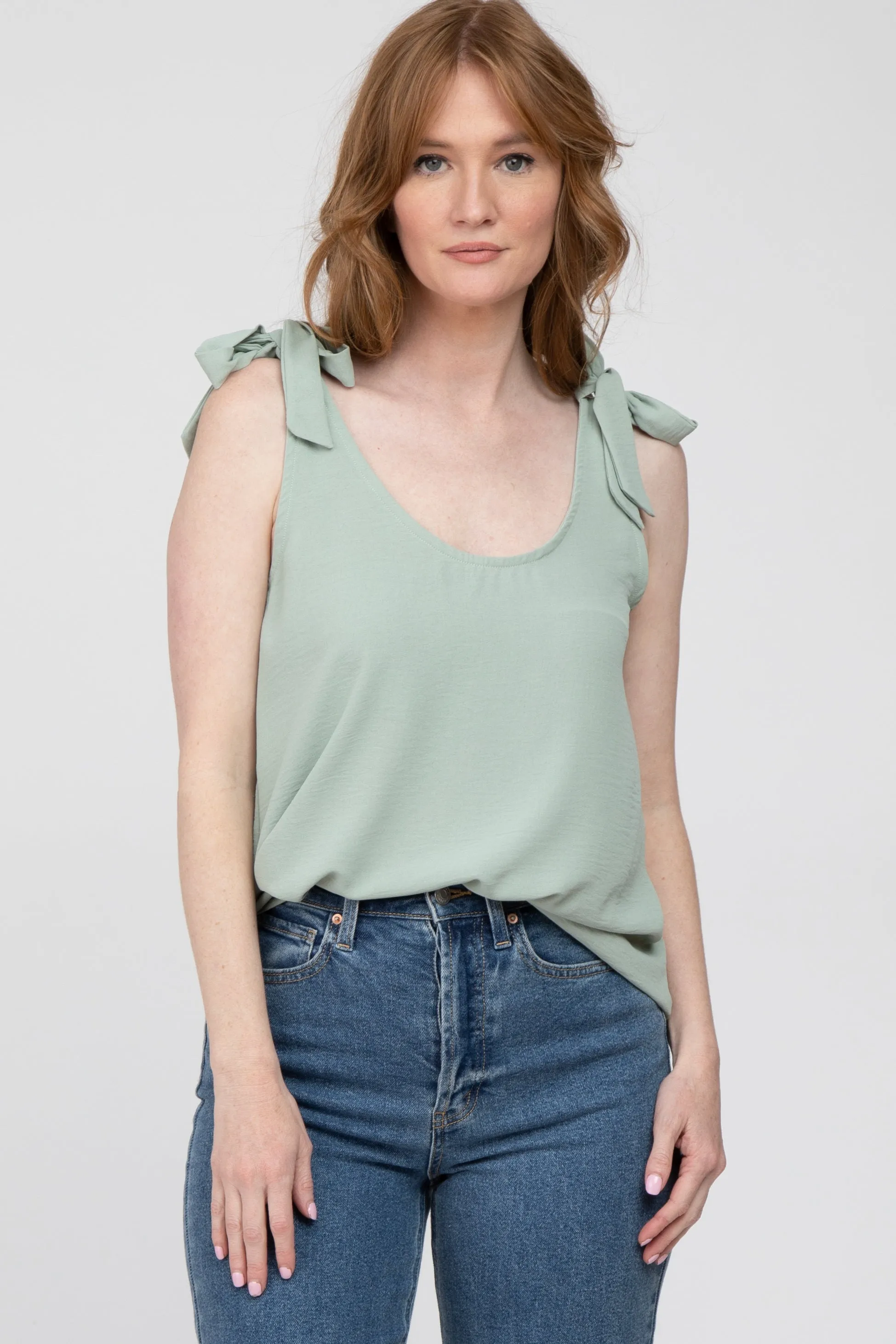 Sage Bow Shoulder Accent Sleeveless Maternity Top