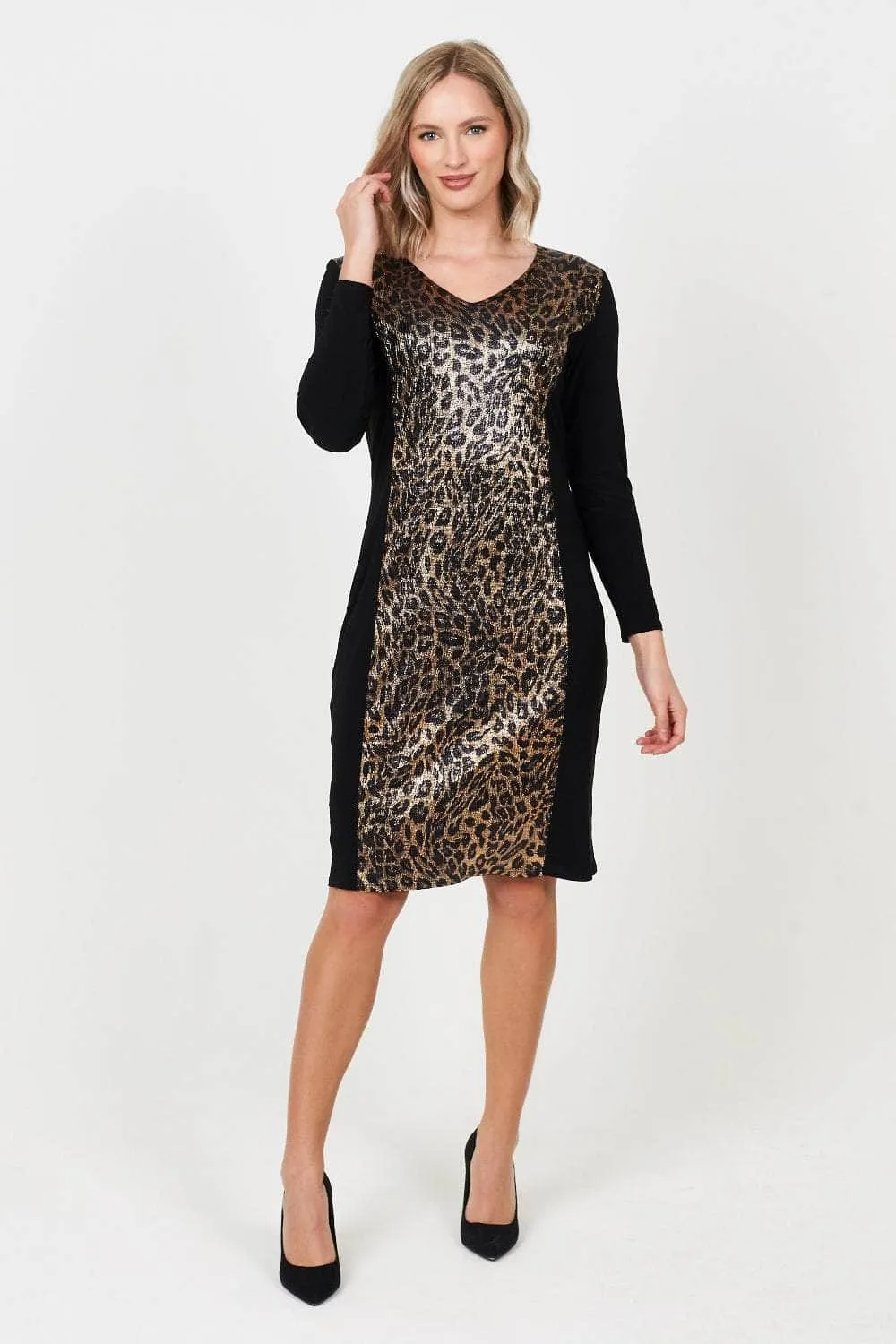 Saloos Metallic Cheetah Print Panelled Dress