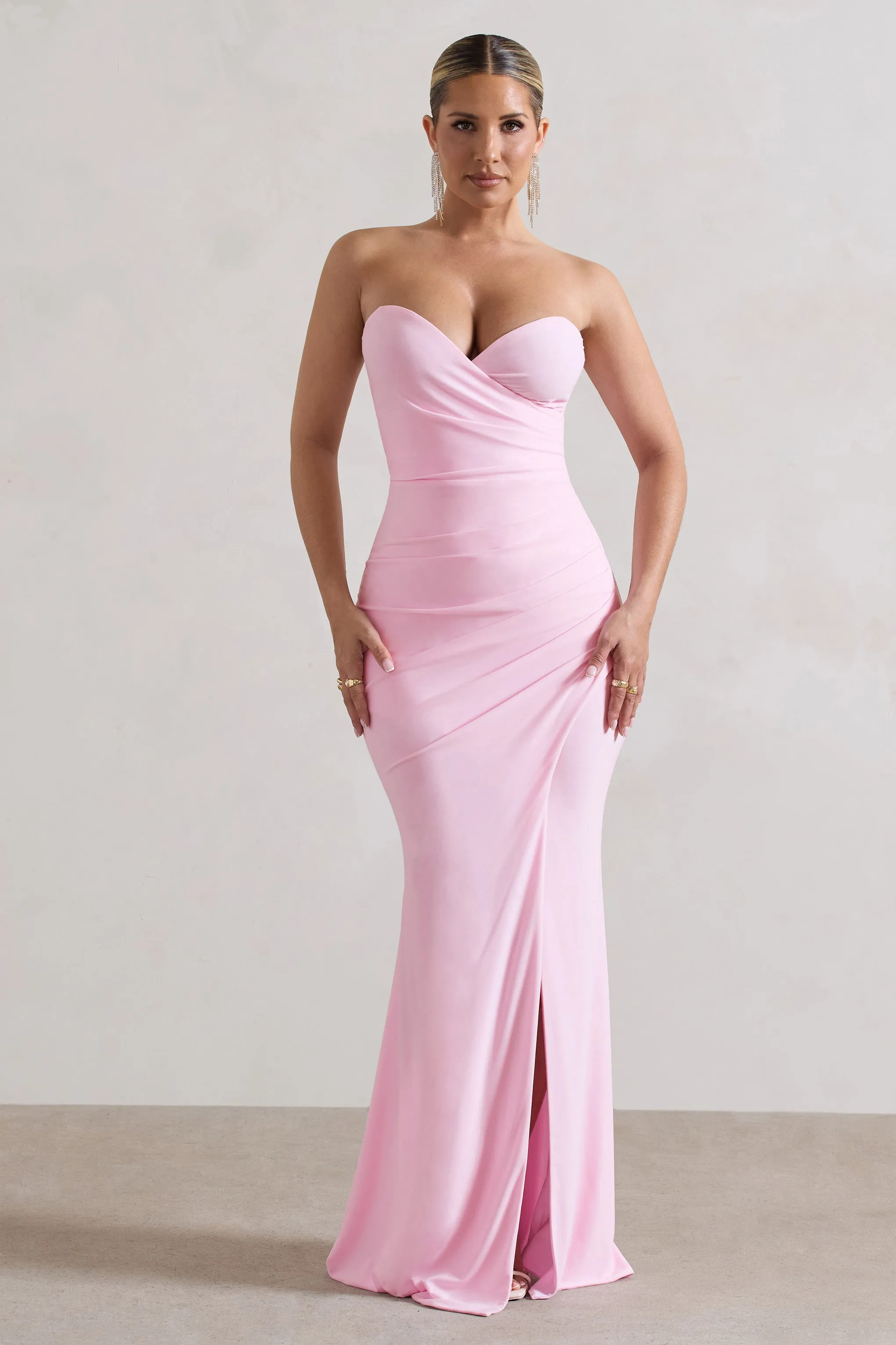 Saphira | Pink Gathered Corset Style Split Maxi Dress