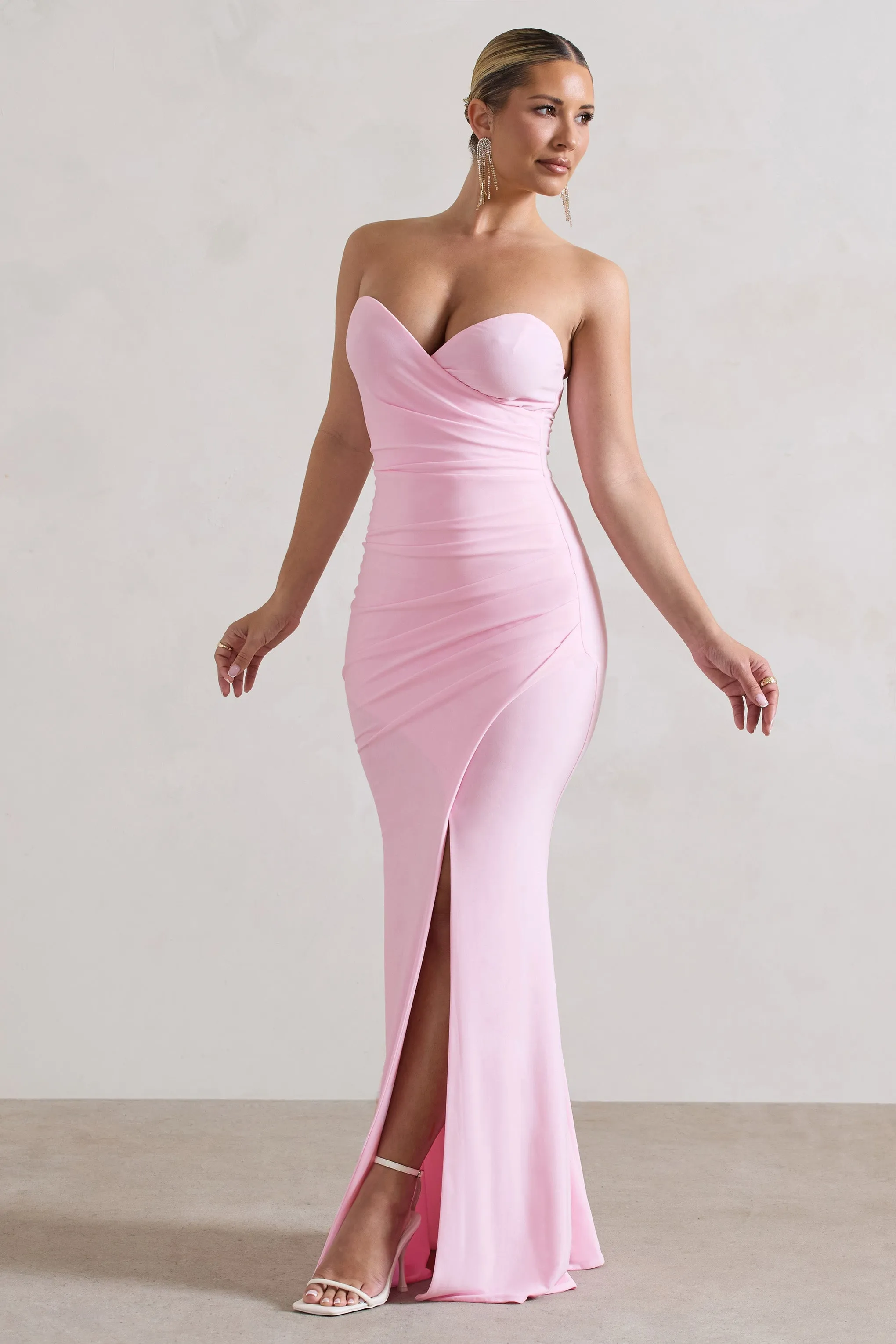 Saphira | Pink Gathered Corset Style Split Maxi Dress