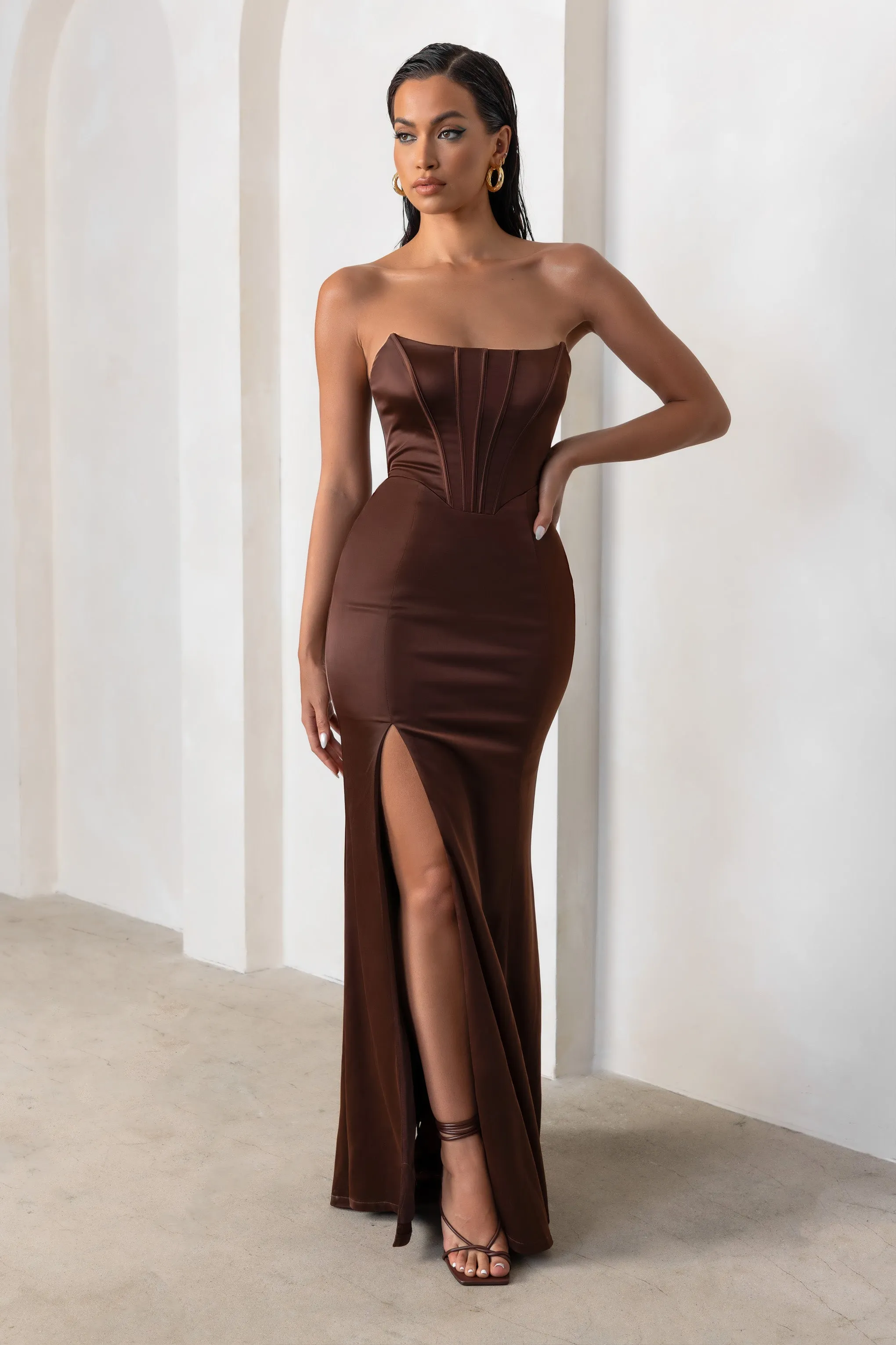 Sensual Notes | Chocolate Brown Satin Strapless Corset Thigh Split Maxi Dress