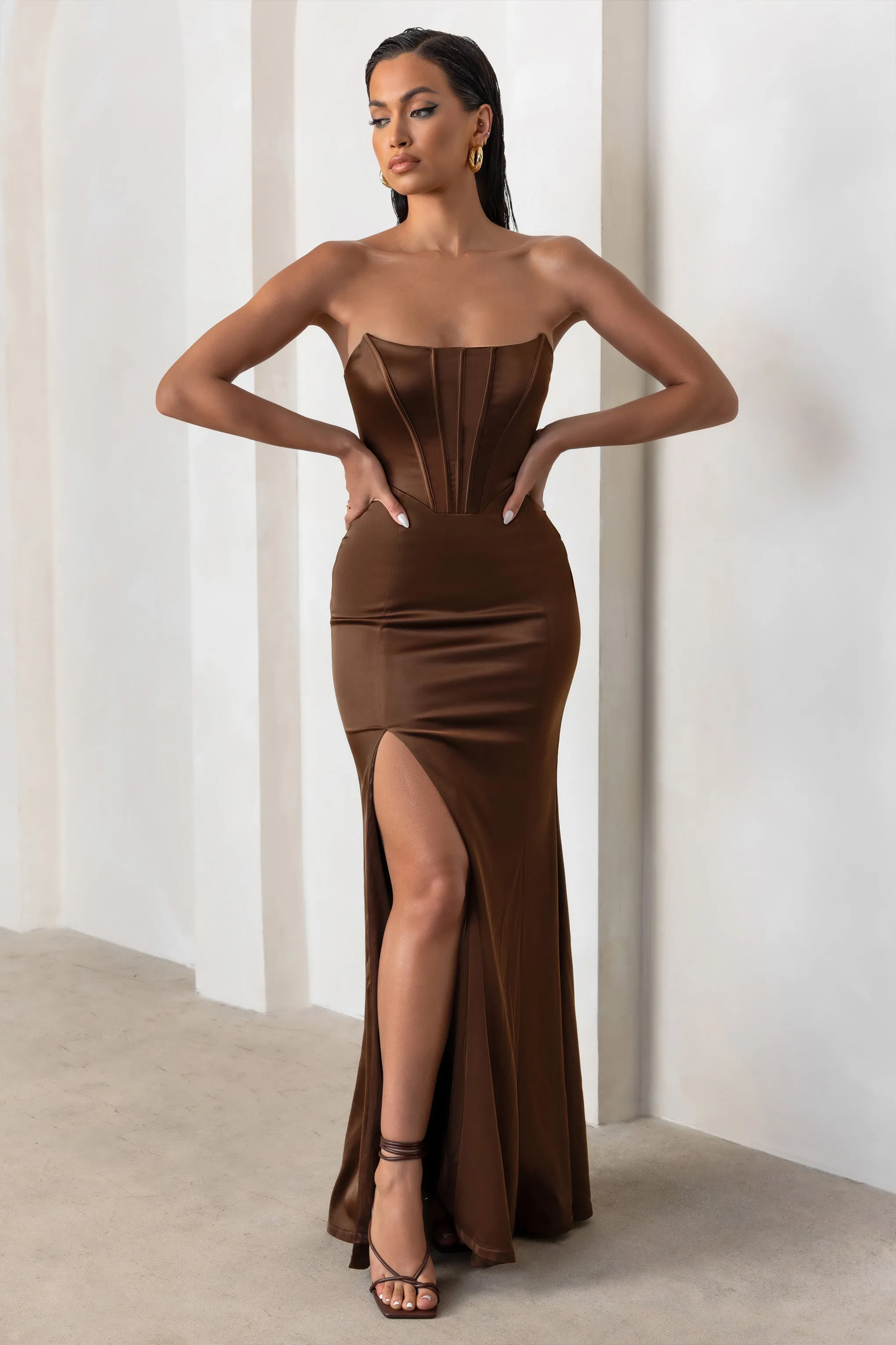 Sensual Notes | Chocolate Brown Satin Strapless Corset Thigh Split Maxi Dress