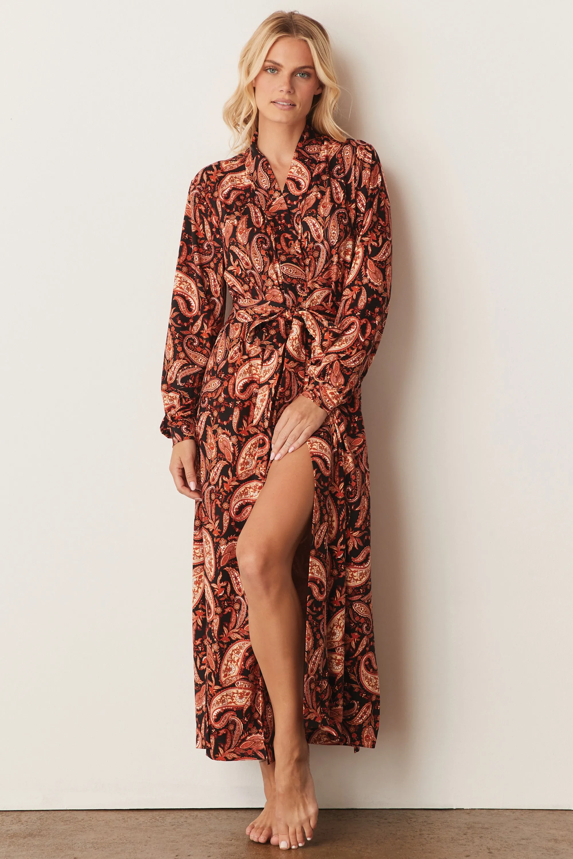 Skyler Banded Long Robe | Paisley