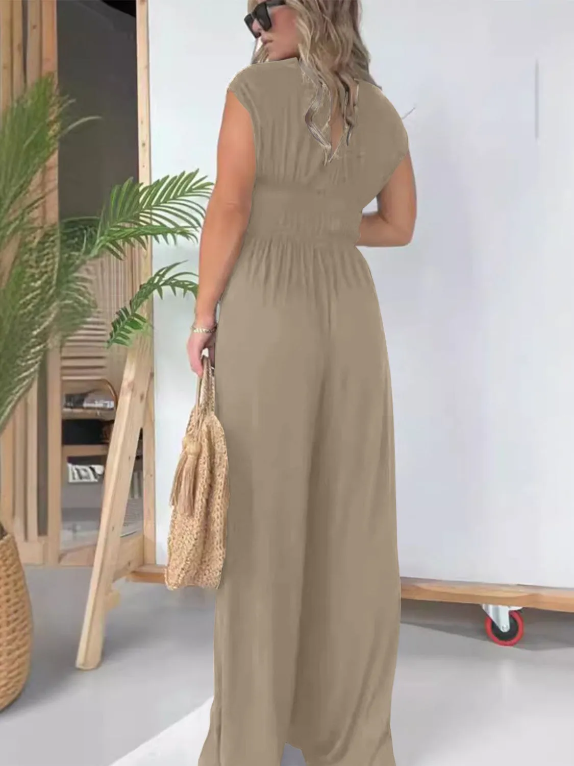 Smocked Cap Sleeve Wide Leg Jumpsuit