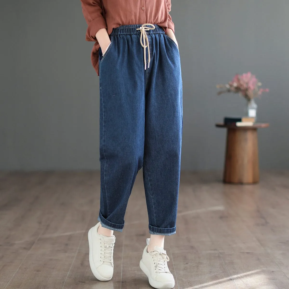 Spring Casual Solid Loose Harem Cotton Jeans